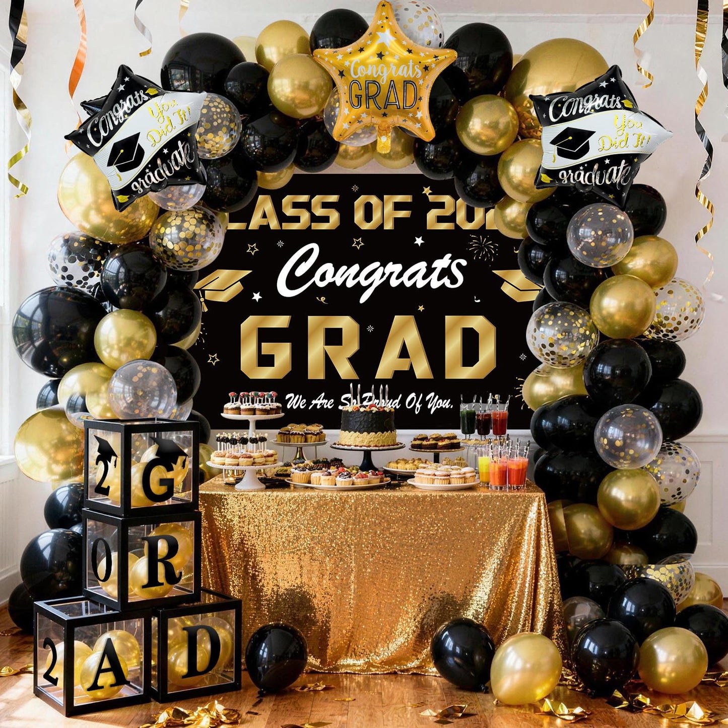 Black and Gold Graduation Decorations 2026, 138 Pcs Graduation Balloon Arch Kit with 4 Grad Boxes, 2026 Graduation Backdrop, Foil Balloons & Congrats Grad Party Decor