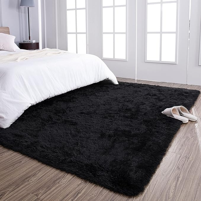 TWINNIS Super Soft Shaggy Rugs Fluffy Carpets 9x12 Feet, Indoor Modern Plush Area Rugs for Living Room Bedroom Kids Room Nursery Home Decor, Upgrade Anti-Skid Fuzzy Rug, Black