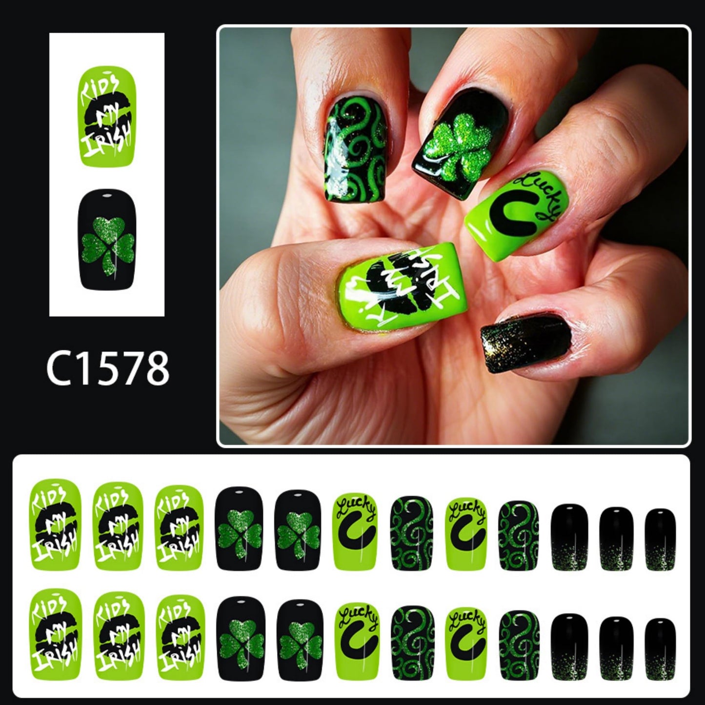 Square Press on Nails Medium Fake Nails Green Black Acrylic Nail Press ons SEENEEY Cute Stick on Nail for Women 24pcs