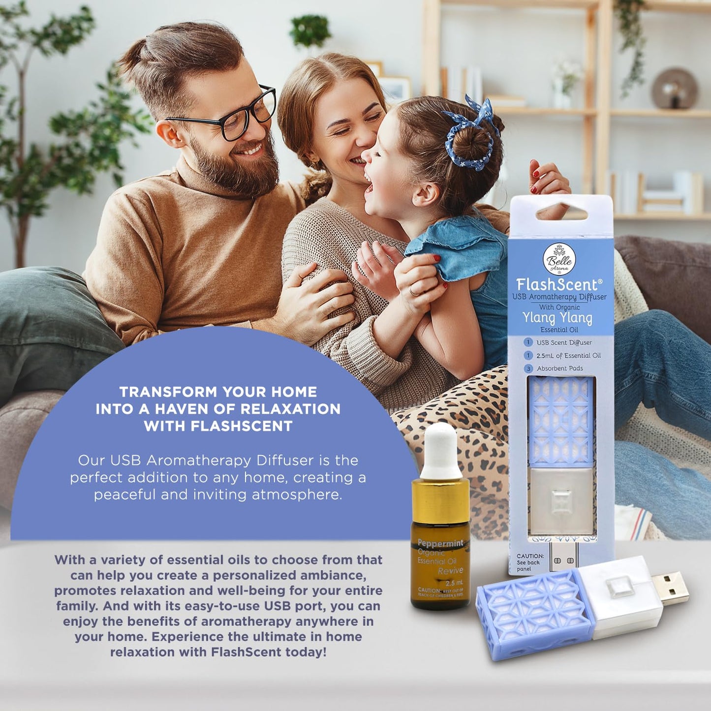 Belle Aroma® FlashScent™ USB Aromatherapy Bundle - for Car, Office, Home, and Travel - Includes 1 Serenity Blue Ylang Ylang Oil Diffuser Kit, 1 Lavender FlashScent Essential Oil, and 7 Refill Pads