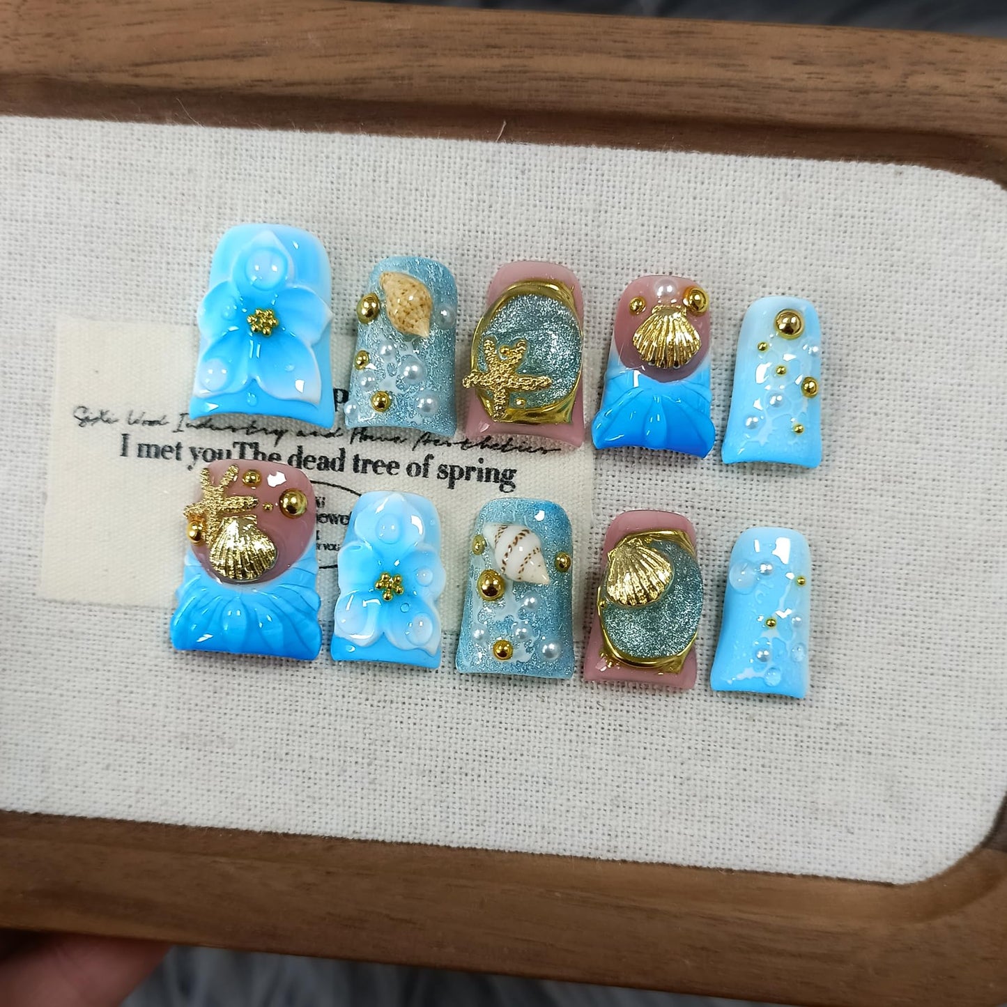 TENPAL Handmade Duckbill Press on Nails Short - Ocean Blue 3D Shell Starfish Glitter Design Fake Nails with Tools, Acrylic Glossy Reusable Y2K False Duck Nails for Women Girls(L)