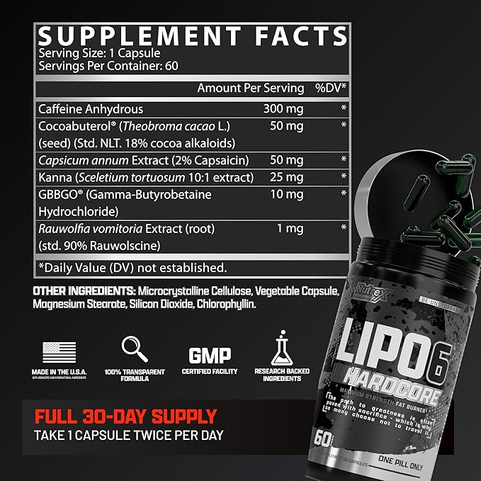 Nutrex Research Lipo-6 Hardcore Supplement, Supports Metabolism & Energy, Dietary Capsules – 60 Count