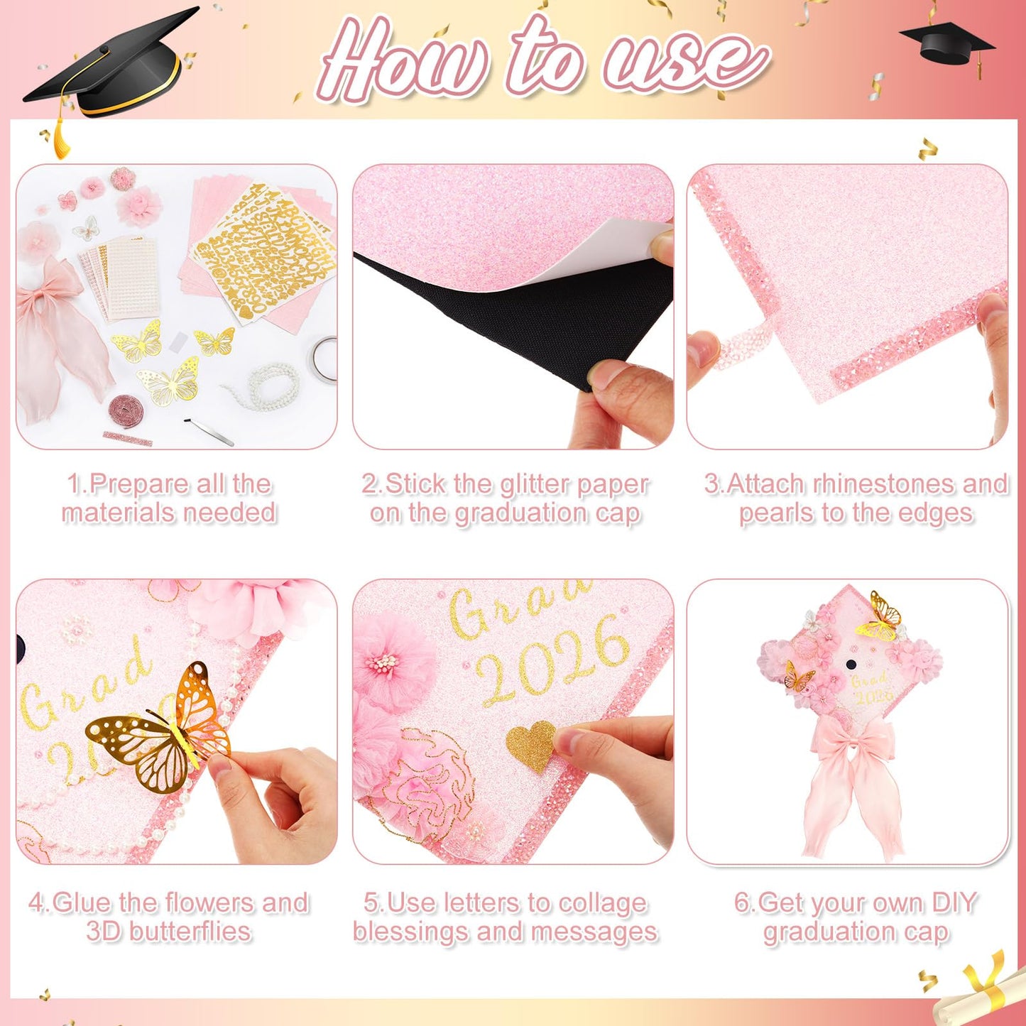 Wavwavw 58 Pcs DIY Graduation Cap Decorations Kit Grad Cap Decor Included Faux Flowers Bow Mesh 3D Butterfly Stickers, Adhesive Rhinestones, Glitter Letter Stickers, for 2026 Grad Party(Pink)