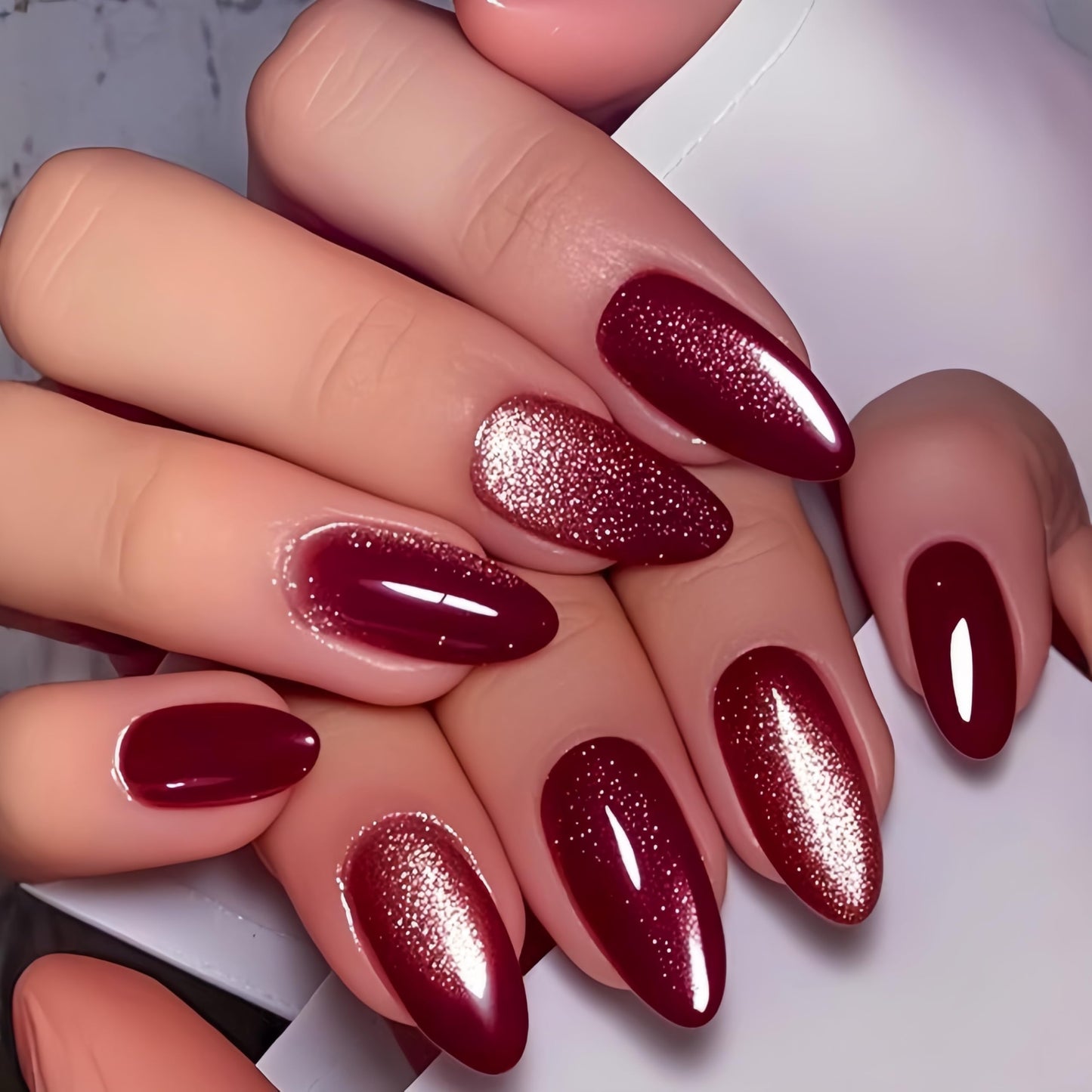 KQueenest Cat Eye Red Press on Nails Almond, Glitter Press on Nails Medium, Sparkly Shiny Soft Gel Fake Nails Set, Cute Bling Chrome Glue on Nails Medium Stiletto for Women Small Hand 30 Pcs