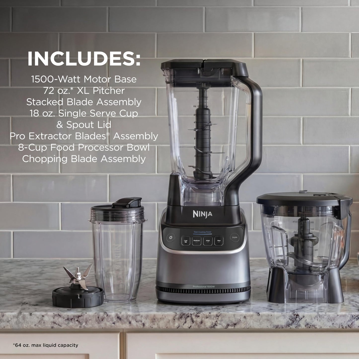Ninja UltraCrush Professional Kitchen System | 1500W, 72oz Full-Size Blender, 8-Cup Food Processor & 18 oz To-Go Cup | Total Crushing Technology, Smoothies, Ice Crush, Chopping & More | Silver | BP401