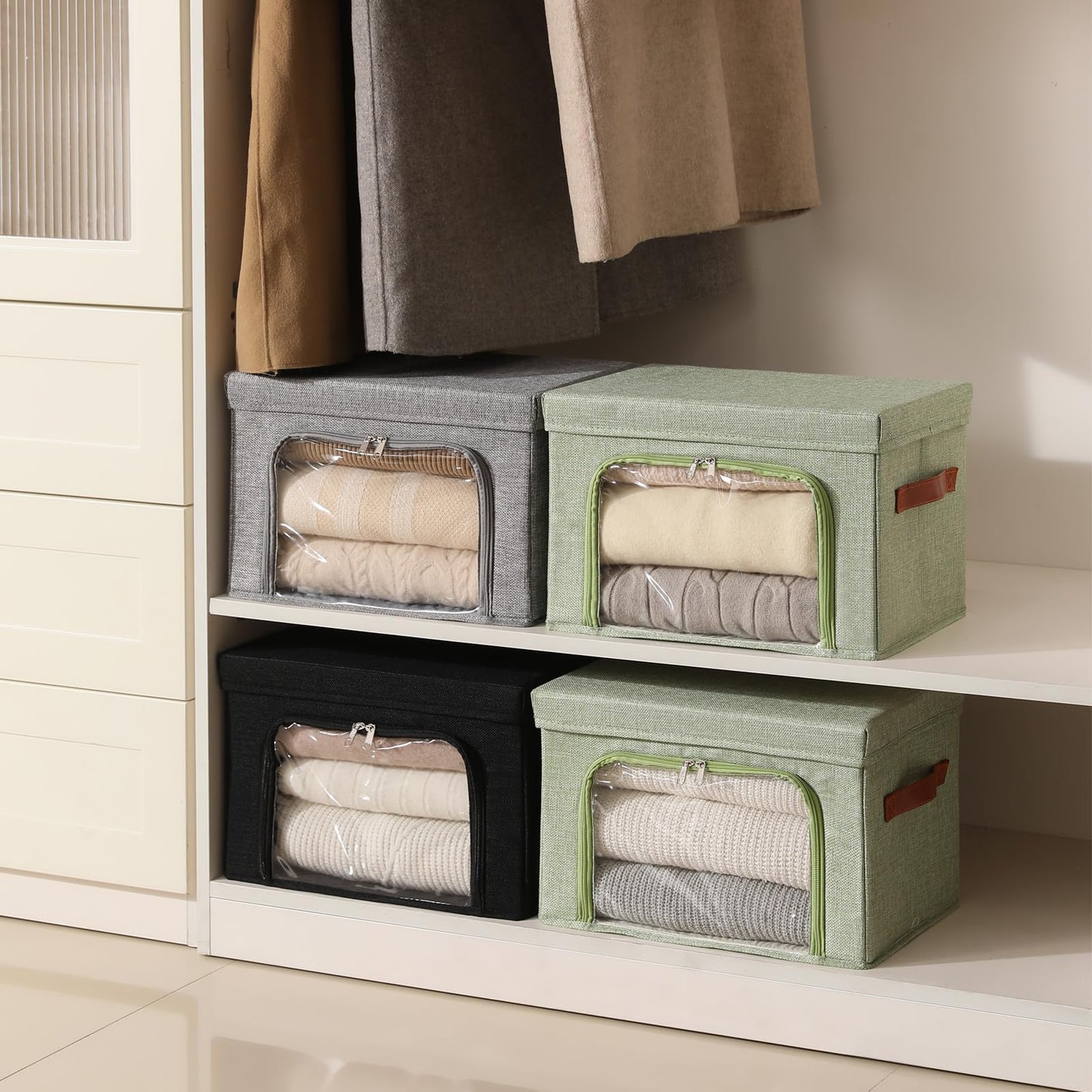 LOLUVIZCO 2PCS Large Storage Bins Boxes with Lids Clear Window Zipper Closure Decorative Cotton Linen Fabric Baskets with PU Leather Handles PP Board Collapsible Shelf Closet Organizer (Light Green)