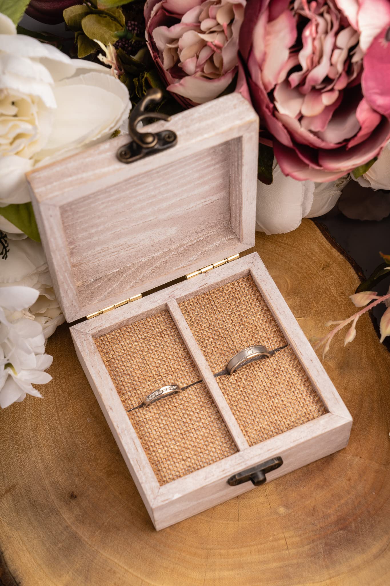 Strova Wooden Ring Box for Wedding Rings and Couple Jewelry - Engraved Mr. & Mrs. Lettering - Ring Bearer Box for Display or Personal Organizer - Brass Latch and Soft, Protective Ring Cushions