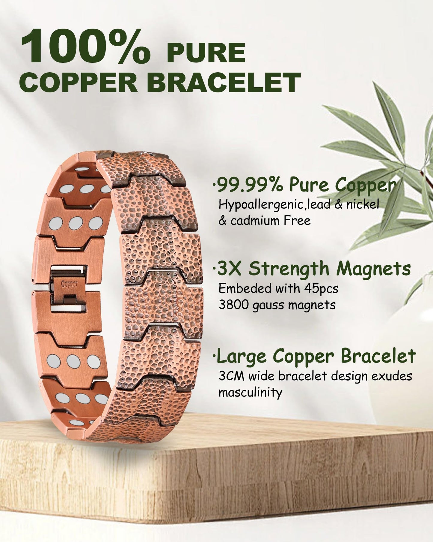 MagEnergy Copper Bracelet for Men, 3X Strength Magnetic Bracelet with 3800 Gauss Magnets, Hammered Design&Patent Pending, Adjustable Length with Sizing Tool
