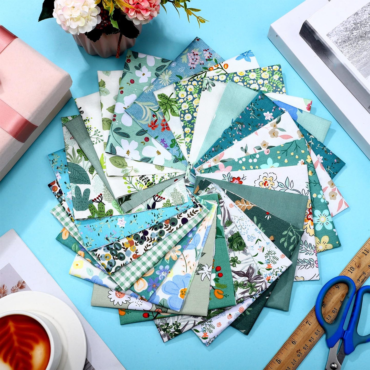 Tudomro 70 Pcs 10 x 10 Inch Green Floral Cotton Fabric Square for Quilting Sage Mint Green Sewing Precut Fabric Bundle Assorted Flower Printed Patchwork Materials for Holiday DIY Craft Handmade Cloth