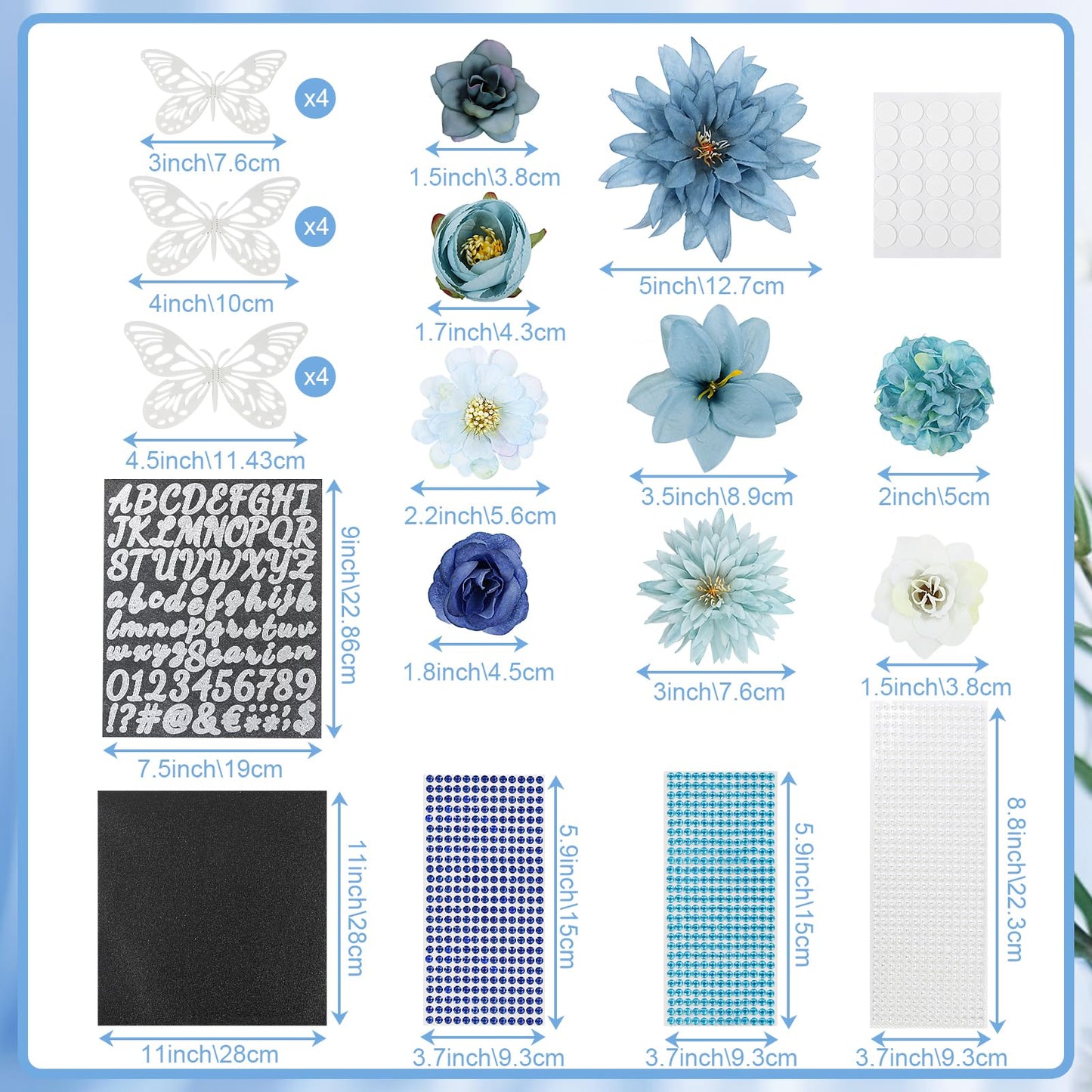 TKNOUS DIY Graduation Cap Decorations Accessory Kit, 3D Butterfly Faux Flower Heads for Grad Hats Decor Rhinestones Stickers Alphabet Letter Stickers Glitter Paper for Cake Wreath Art DIY (Blue)
