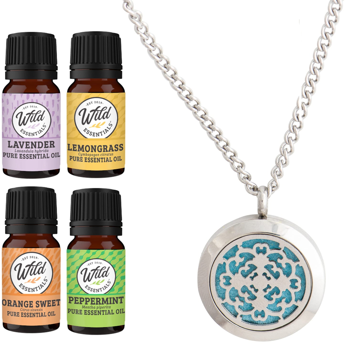 Wild Essentials Cross Necklace Essential Oil Diffuser Kit with Lavender, Lemongrass, Peppermint, Orange Oils, 12 Refill Pads, Calming Aromatherapy Gift Set, Customizable Color Changing, Perfume
