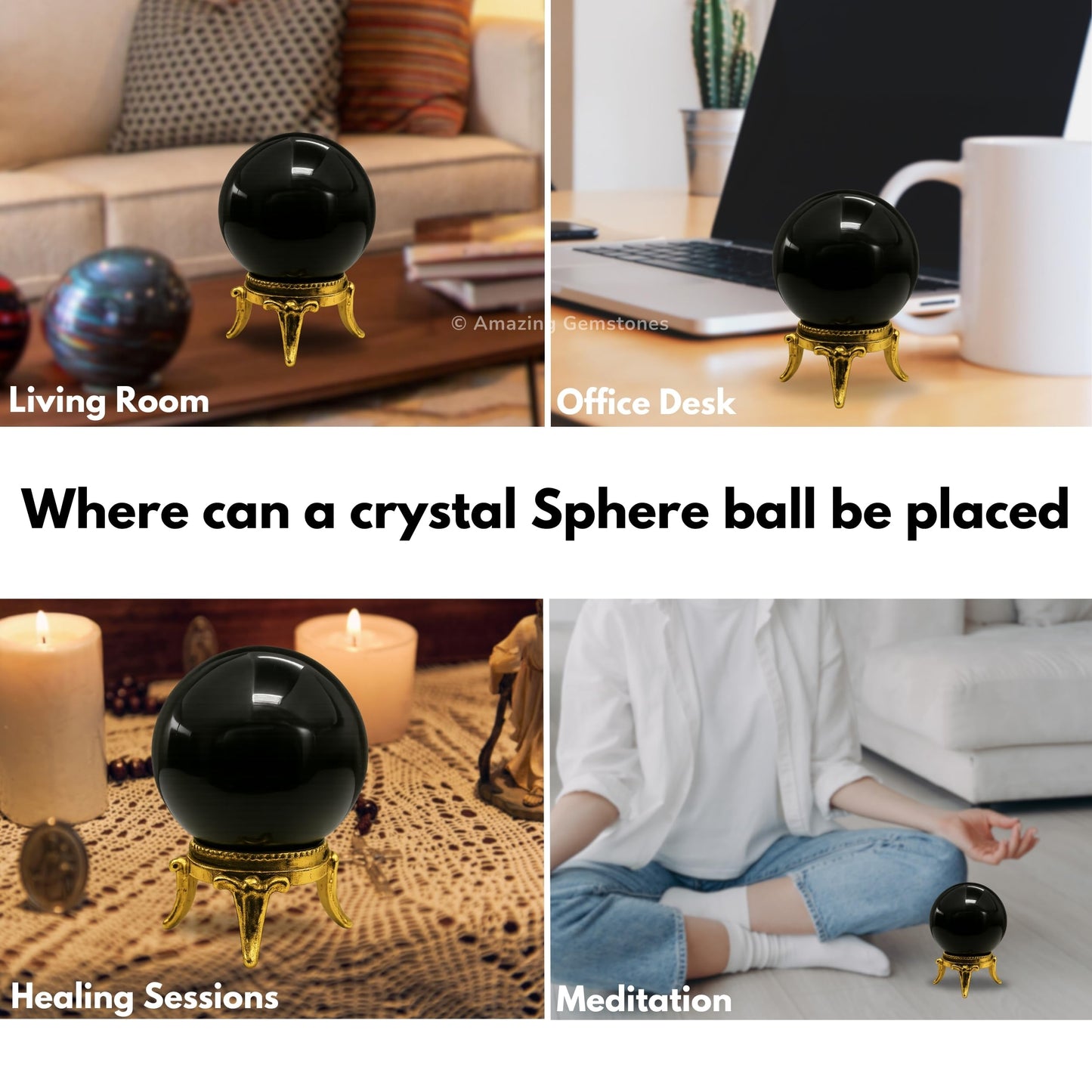 Amazing Gemstone Black Agate Crystal Ball with Stand - 2" Inches Crystal Sphere Meditation Balls for Witchcraft and Decorative Balls