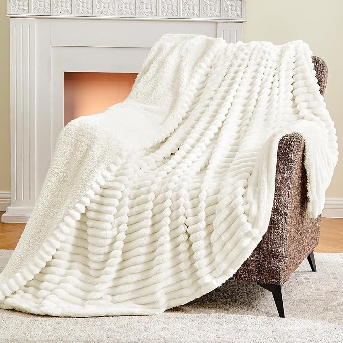 INFIIXSO Sherpa Throw Blanket for Couch - Super Soft & Warm Striped Fleece Blanket, Cozy Plush Fluffy Blanket All Season Use (Cream, 50x60 Inches)