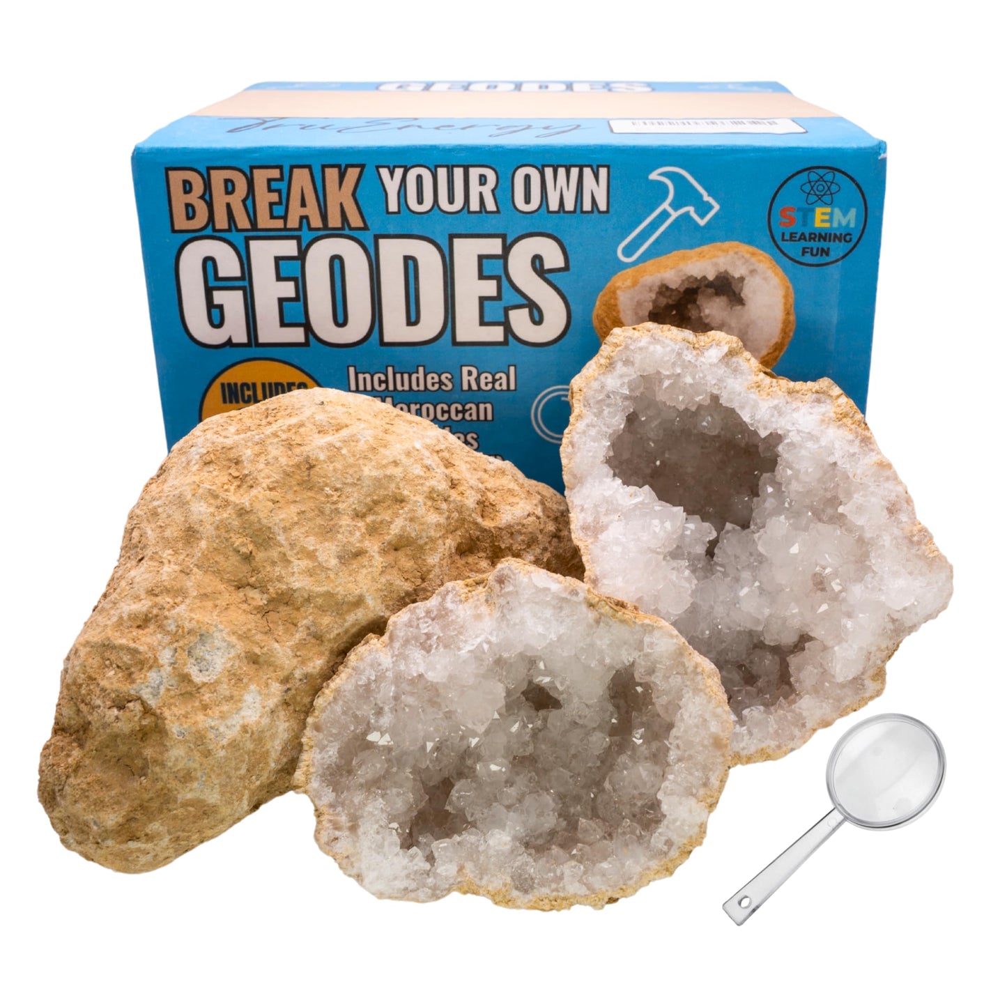 TruEnergy Jumbo Break Your Own Geodes – 2 Massive Natural Crystal Geodes 4.5 to 6.5 Inch, Easy Crack-Open Geology Specimens – Magnifying Glass & Geologist Guide – Gift Ready - [Jumbo]
