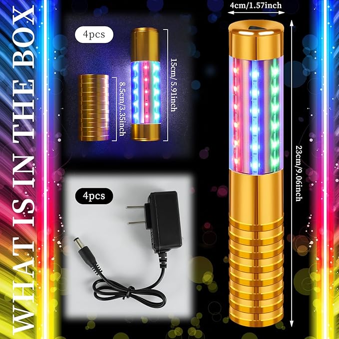 4 Pieces RGB LED Strobe Baton Light Rechargeable Bottle Service Sparklers Stick Reusable Champagne Bottle Handheld LED for Club Stage Nightclub Party Concert Event Bar Outdoor - Gold