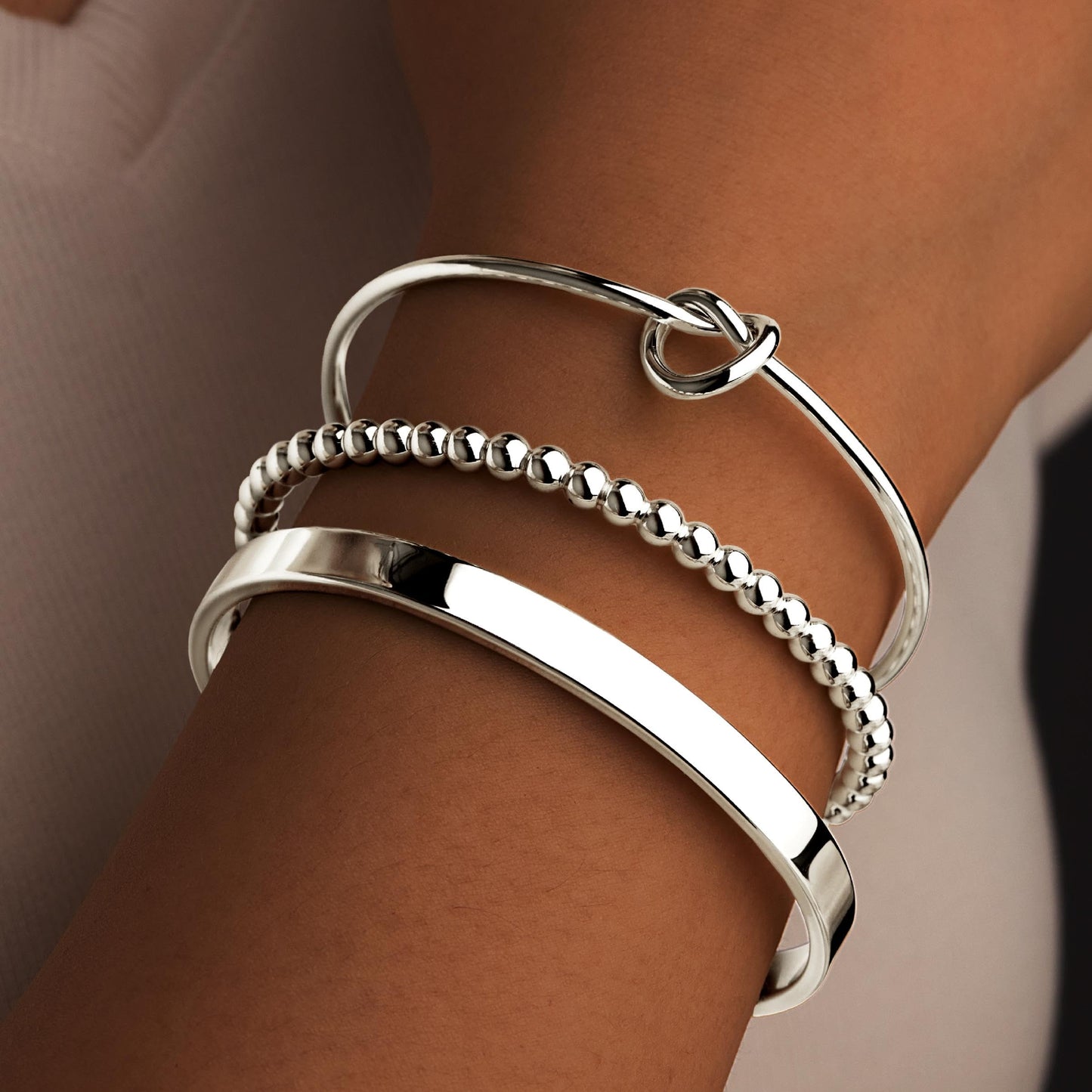 Poxtex Silver Cuff Bracelets Set for Women, Silver Bangle Link Chain Bracelets, Trendy Stackable Waterproof Jewelry Gifts Adjustable