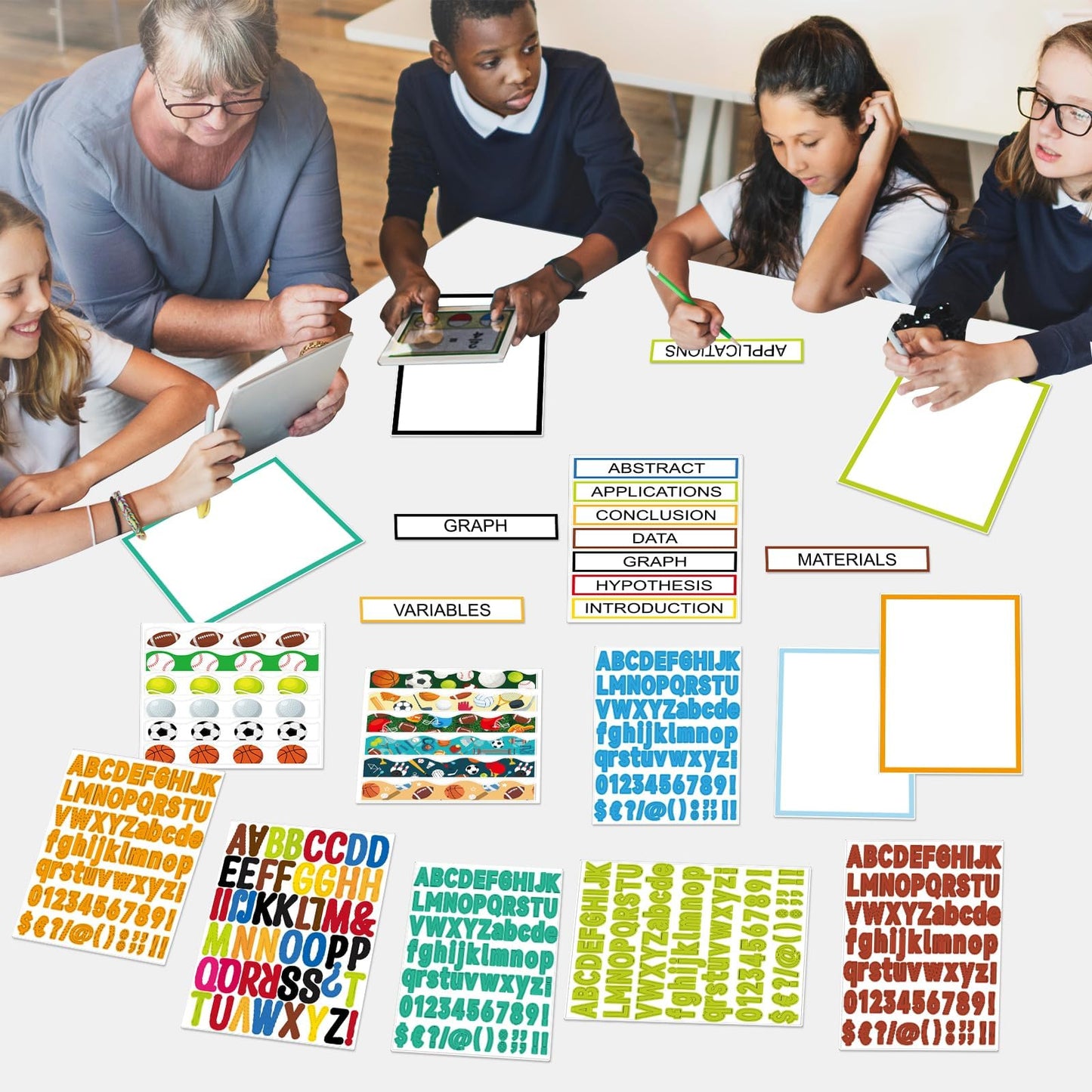 122 Pcs Science Fair Board Supplies 72 Sports Football Trim Scalloped Borders 36 Presentation Board Subtitle 6 Self Adhesive Project Title 8 Letter Sticker for Classroom Office Display Decor(Sports)
