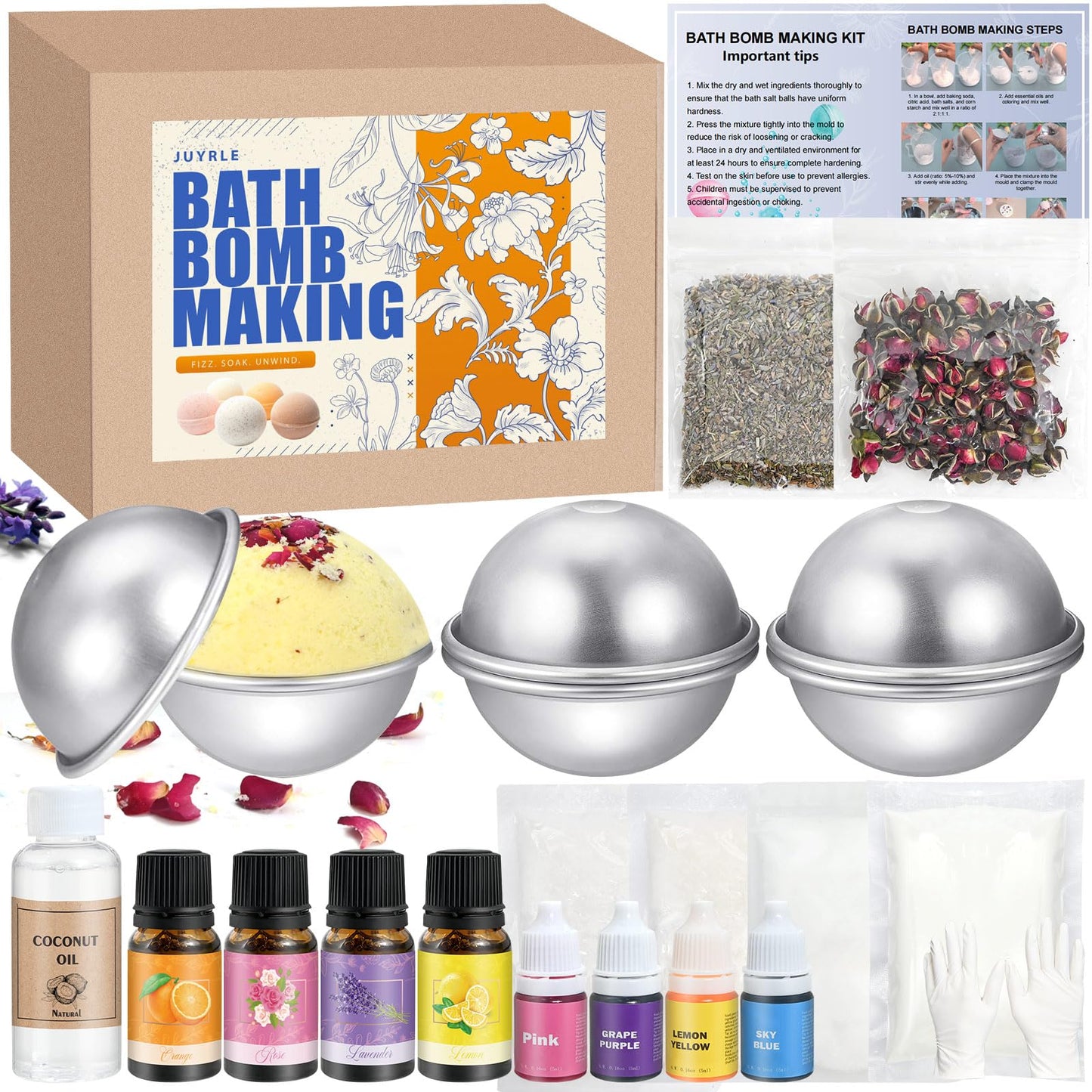 JUYRLE Bath Bomb Making Kit- DIY Bath Bomb Kit for Women, Make Your Own Bath Bombs, Bath Bomb Craft Kits with Bath Bomb Molds, Soap Making Kits, Bath Bomb Making Supplies Gifts for Girls Women