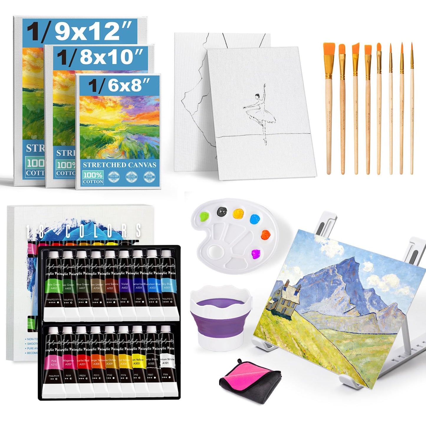 Whalsure Acrylic Paint Set for Kids & Adults, Art Painting Supplies Kit with 18 Acrylic Paints, Paint Brushes, Canvas, Easel