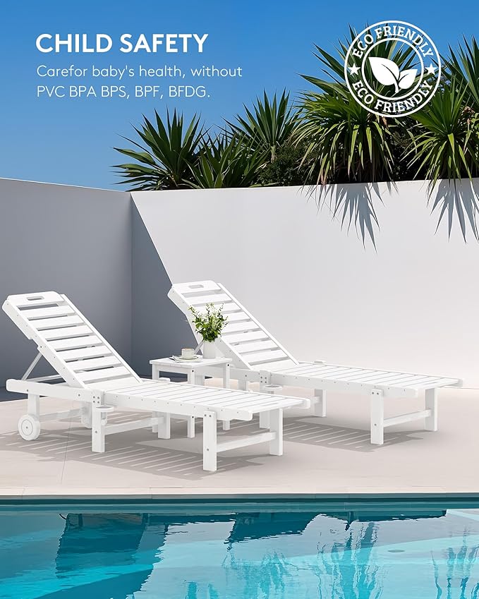 SERWALL Outdoor Chaise Lounge Chair, Pool Lounge Chair with 5 Positions Adjustable Backrest, HDPE Lounger with Rolling Wheels & Cup Holder for Poolside, Beach, Garden, White