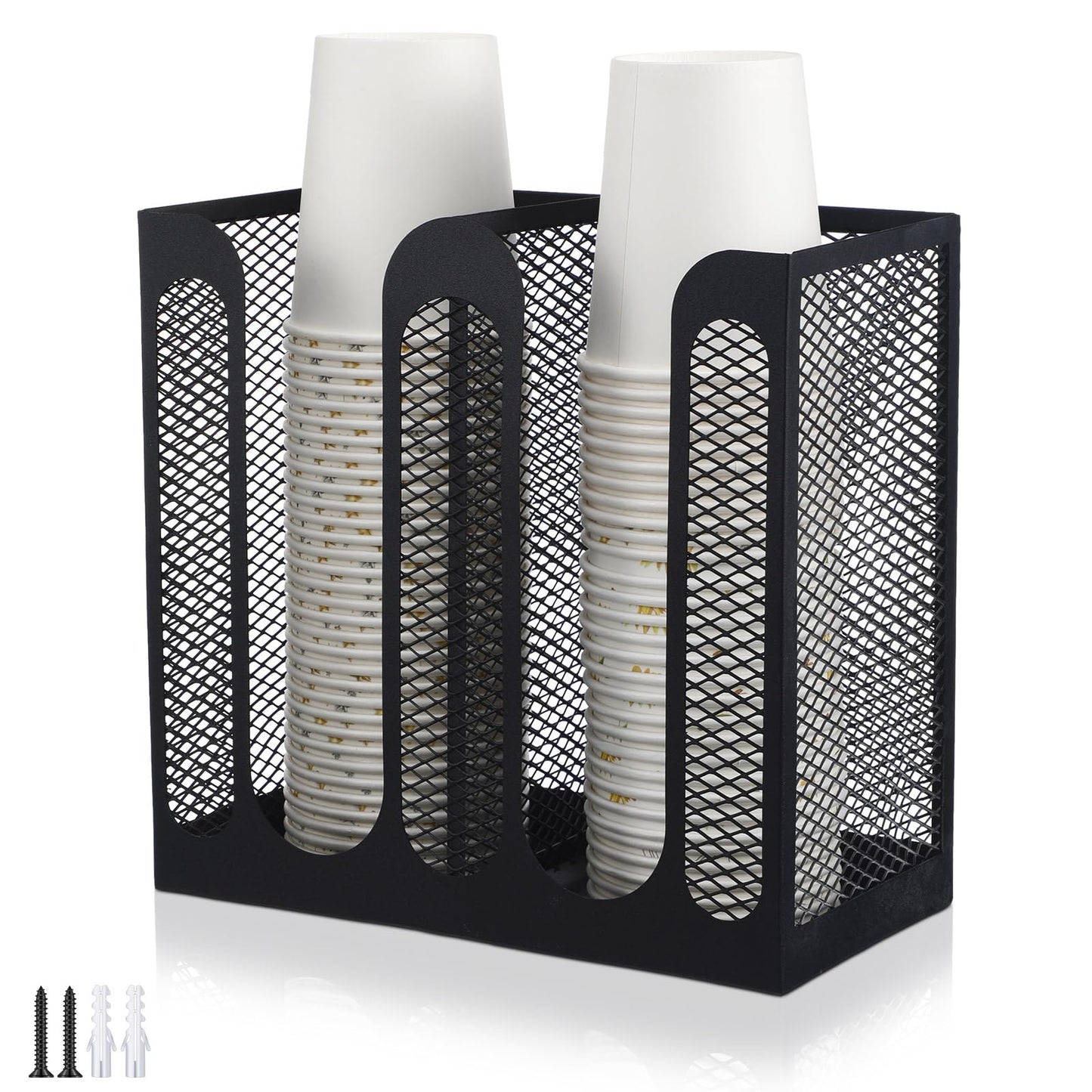 Maxcheck Metal Mesh Cup and Lid Holder Coffee Paper Cup Dispenser Lid Holder Storage Organizer Countertop or Wall Mount for Coffee Bar, Kitchen, Breakroom(2 Compartments,8.2 x 4.1 x 7.9 Inch)