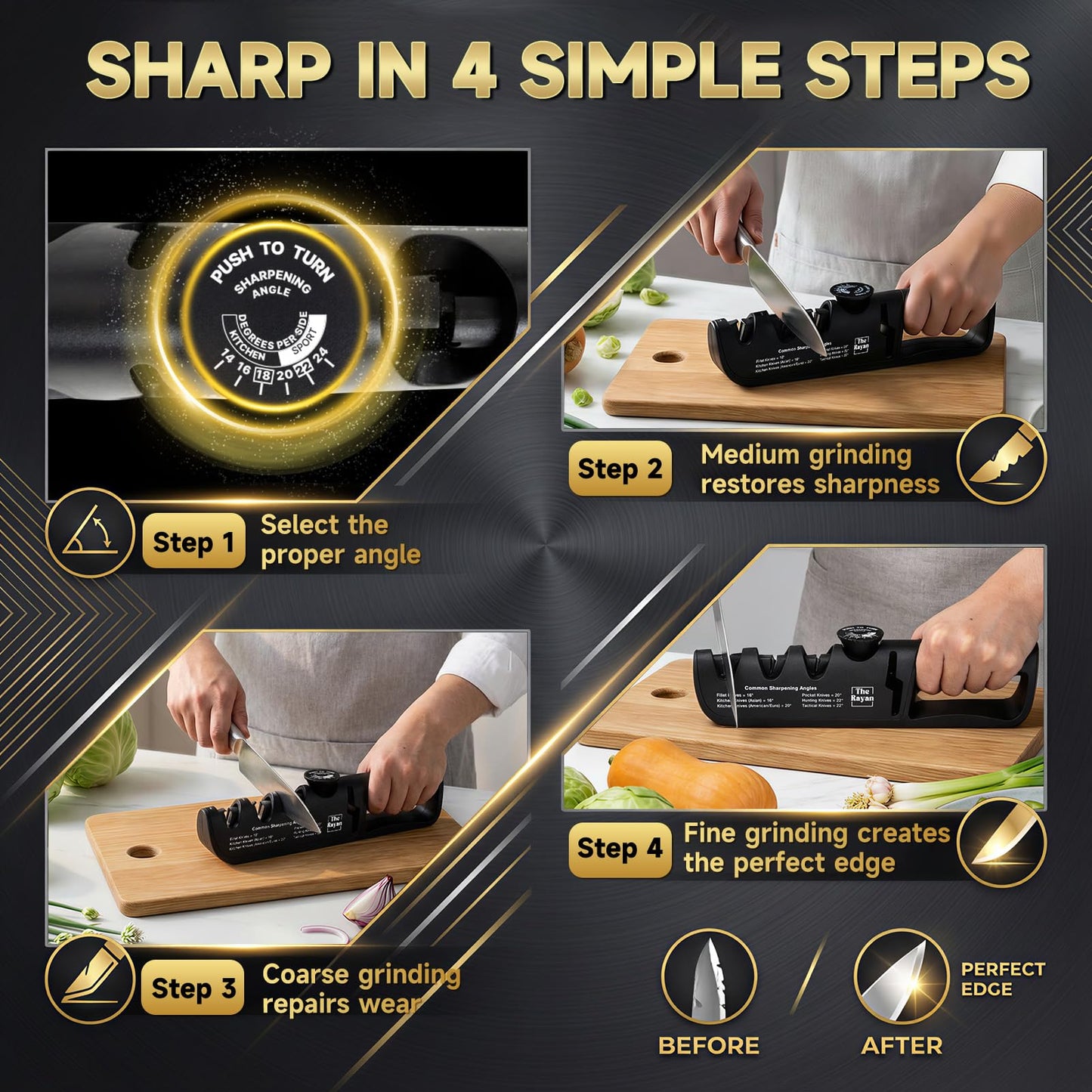 Knife Sharpener, 4-in-1 with Non-Slip Base and Adjustable Angle Guide, Perfect for Fruit Knives, Steel Knives & Scissors, Repair, Restore & Polish Blade (Black and Red)