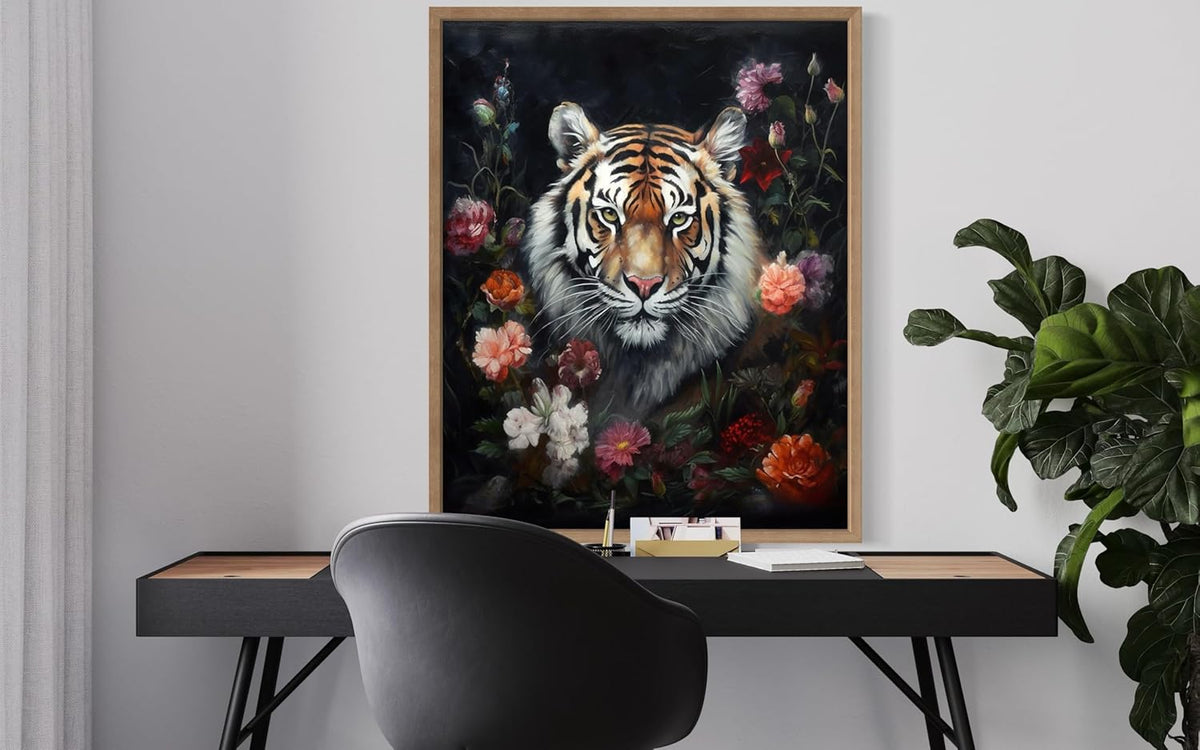 Tiger and Flower Poster Art Print, Halloween Scary Vintage Wall Art Academia Spooky Painting Decoration for Horror Prints, Gothic Posters Bedroom Decor 89 (Tiger and Flower, 16 x 20 inches, Wood Frame)