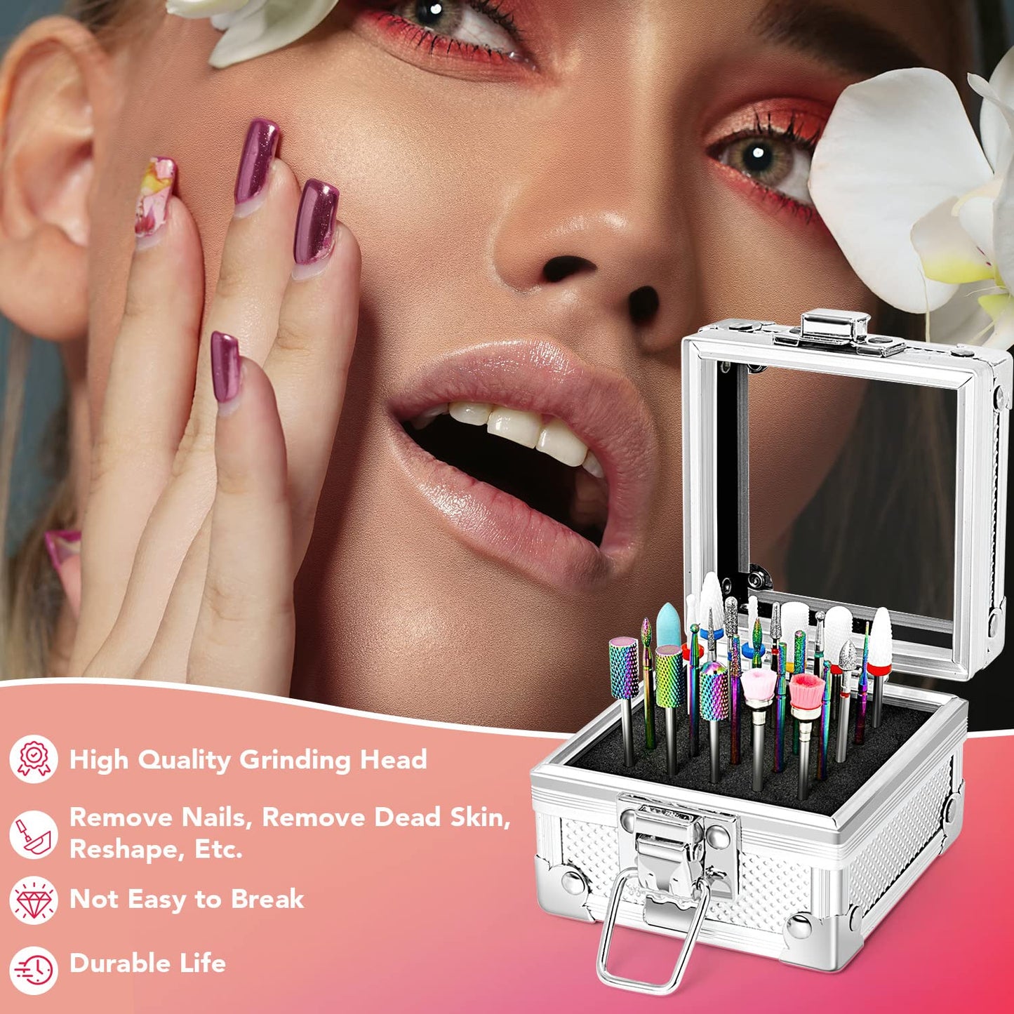 Onism 25Pcs Nail Drill Bits Set with 75Pcs Sanding Bands (80#/120#/180#), High-Precision Tungsten Carbide & Ceramic Efile Bits for Acrylic Gel Removal, Cuticle Care Kit with Organizer Box,Silver