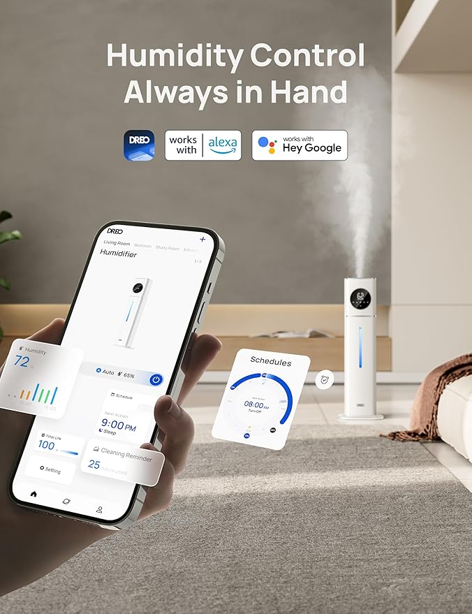 Dreo 11L Smart Humidifier Large Room 700 ft², 100H Cool Mist Air Humidifiers for Bedroom, Top-Fill Self-Cleaning Tank, 26dB, Auto Mode, Aroma Box, RGB Light, Remote & APP Control, Baby, Plant, Silver