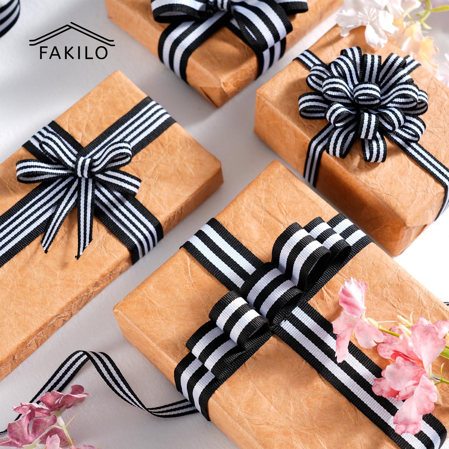 FAKILO Black and White Double-Sided Striped Grosgrain Ribbon for Gift Wrapping, Christmas and Halloween, Wedding Decorations, Handmade Decorations (3/8" x 50yds)