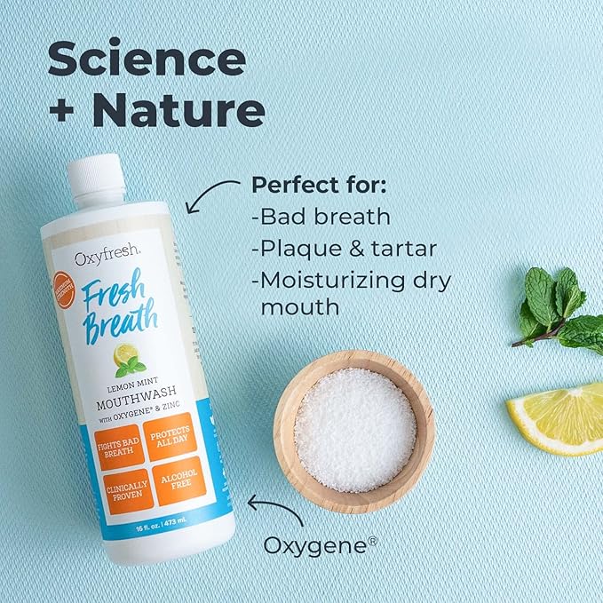 Oxyfresh Lemon Mint Fresh Breath Mouthwash – Bad Breath Treatment – SLS & Fluoride Free – Alcohol Free, Gentle Nonburning with Xylitol & Essential Oils – 16 Fl Oz