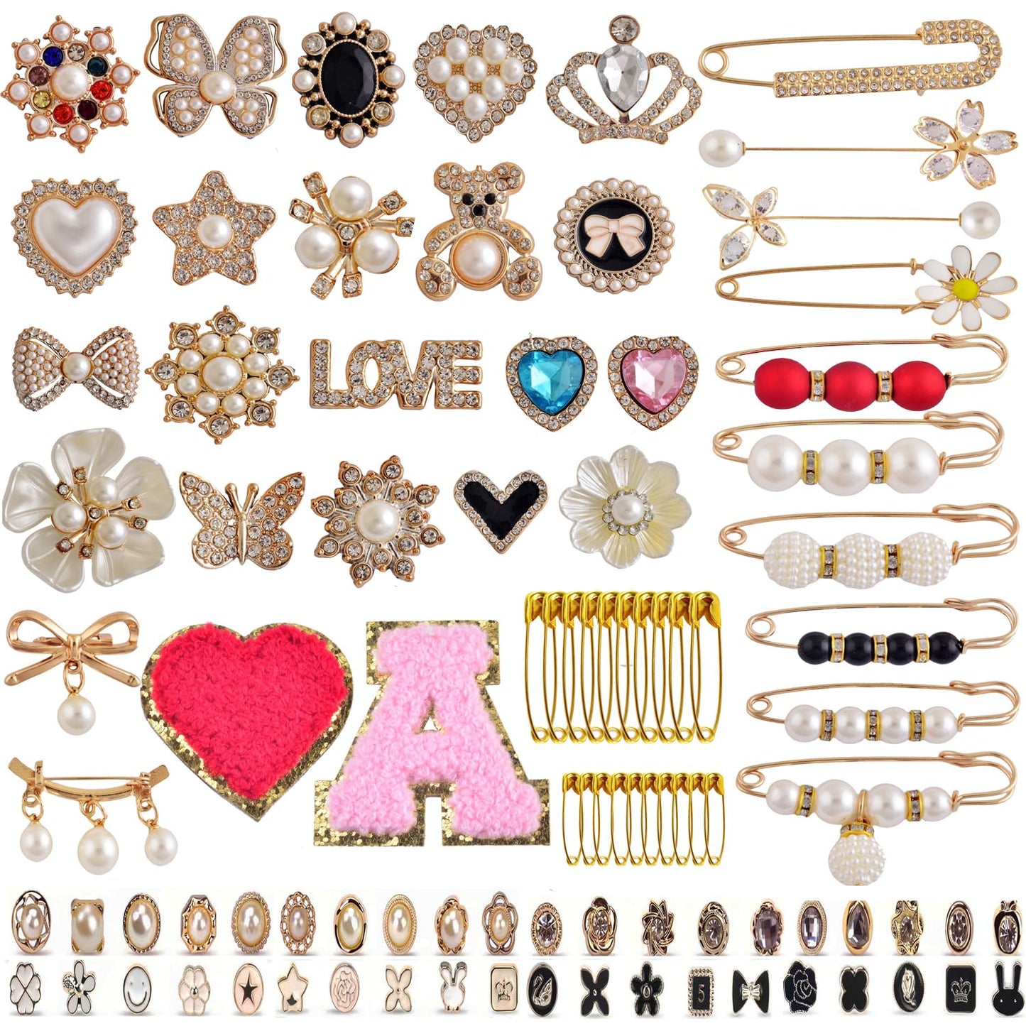 eswala Shoe Charms for Sneakers 100pcs Gold Junk Socks Charms Kit Brooches and Pins for Women DIY Junk Socks Sneaker Charm for Shoes Safety Pin Hats Bling Jewelry Decoration Accessories Bulk