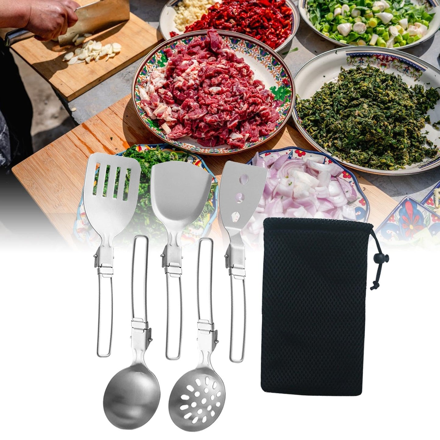 Esquirla 6Pcs Camp Cooking Utensil Set,Outdoor Kitchen Gear, Foldable Cooking Organizer Metal Camping Kitchen Utensil Set, Cookware Kit for Camp RV, BBQ
