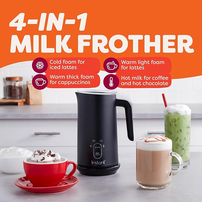 Instant Pot Milk Frother, 4-in-1 Electric Milk Steamer, 10oz/295ml Automatic Hot and Cold Foam Maker and Milk Warmer for Latte, Cappuccinos, Macchiato, From the Makers of Instant 500W, Black