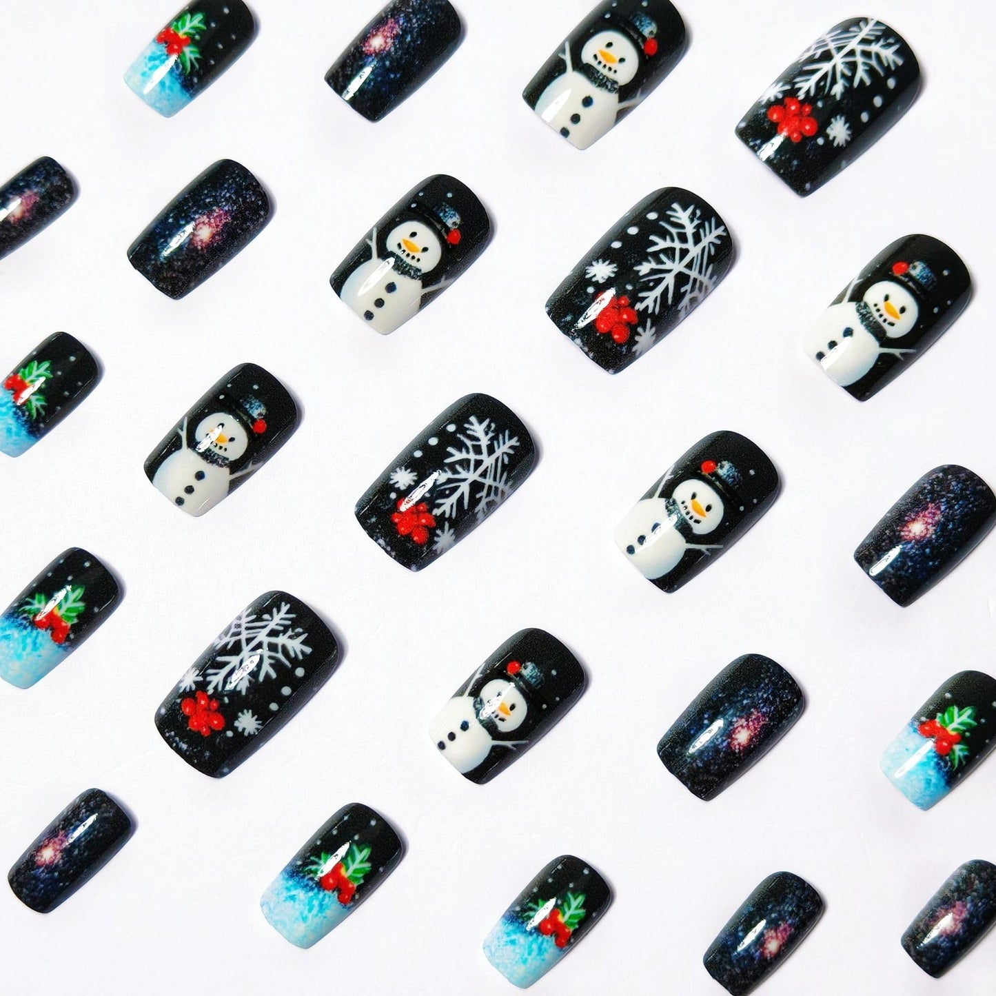 24Pcs Christmas Press on Nails Short Christmas Tree Fake Nail with Snowman & Snowflake Designs Blue Tip Xmas Nails Press ons Full Cover Glossy False Nails for Women