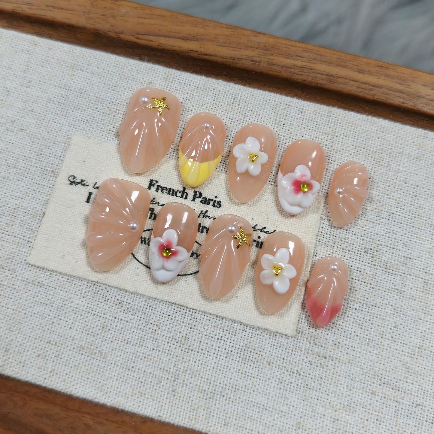 TENPAL Warm Yellow French Tips Press on Nails Short Oval with 3D Floral, Handmade & Reusable, Cute Sheer Soft Sunny Style False Nails for Clean Daily Wear(M)