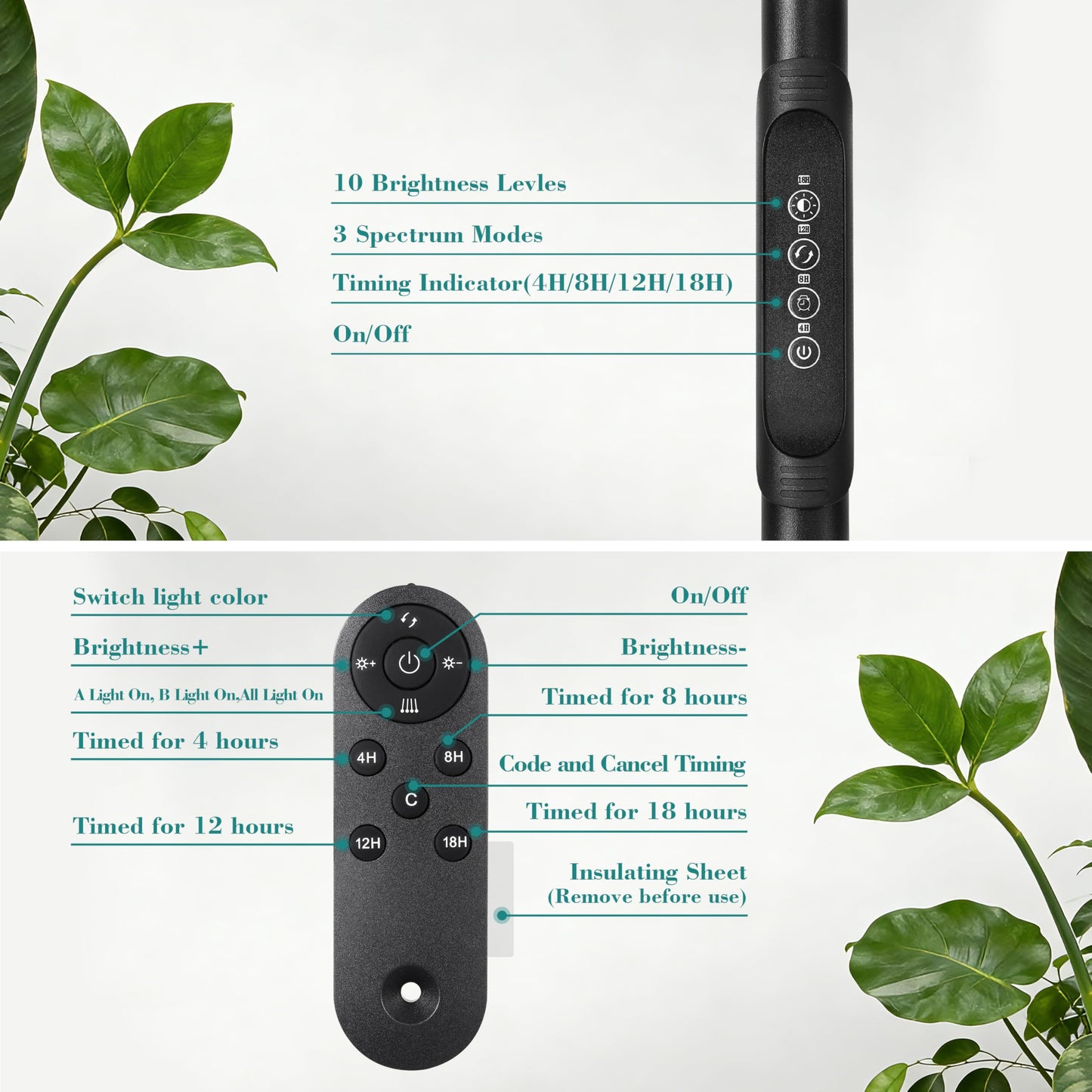 Dual Head Grow Light for Indoor Plants, Full Spectrum Floor Standing Plant Light, Remote Control & 4/8/12/18H Timer, 3 Modes 10 Dimmable Levels, Stable Base for Tall Plants Succulents Herbs, Black