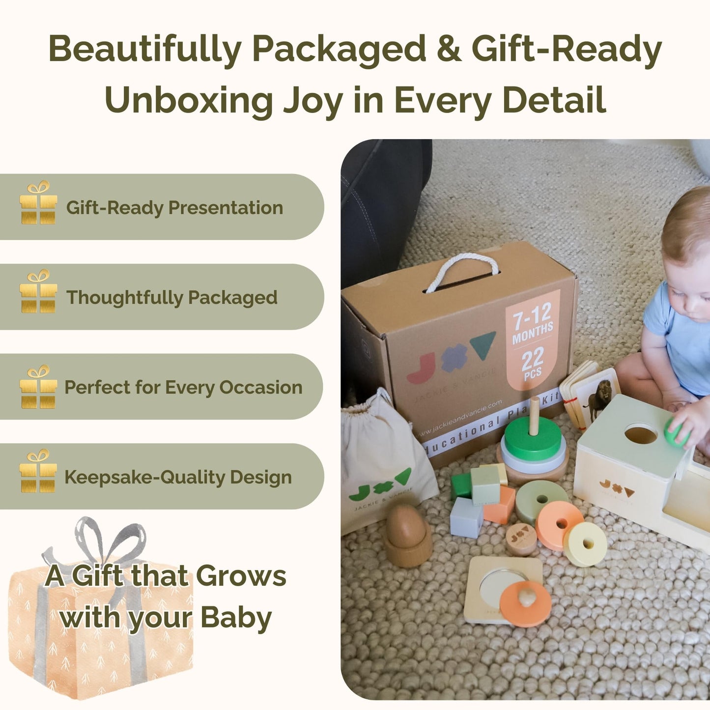 Jackie & Vancie Montessori Toy Set for Babies 7-12 Months Play Kit 6-in-1 Wooden Learning Toys with Object Permanence Box, Ring Stacker, Egg & Cup, Multipurpose Blocks and Mirror Puzzle