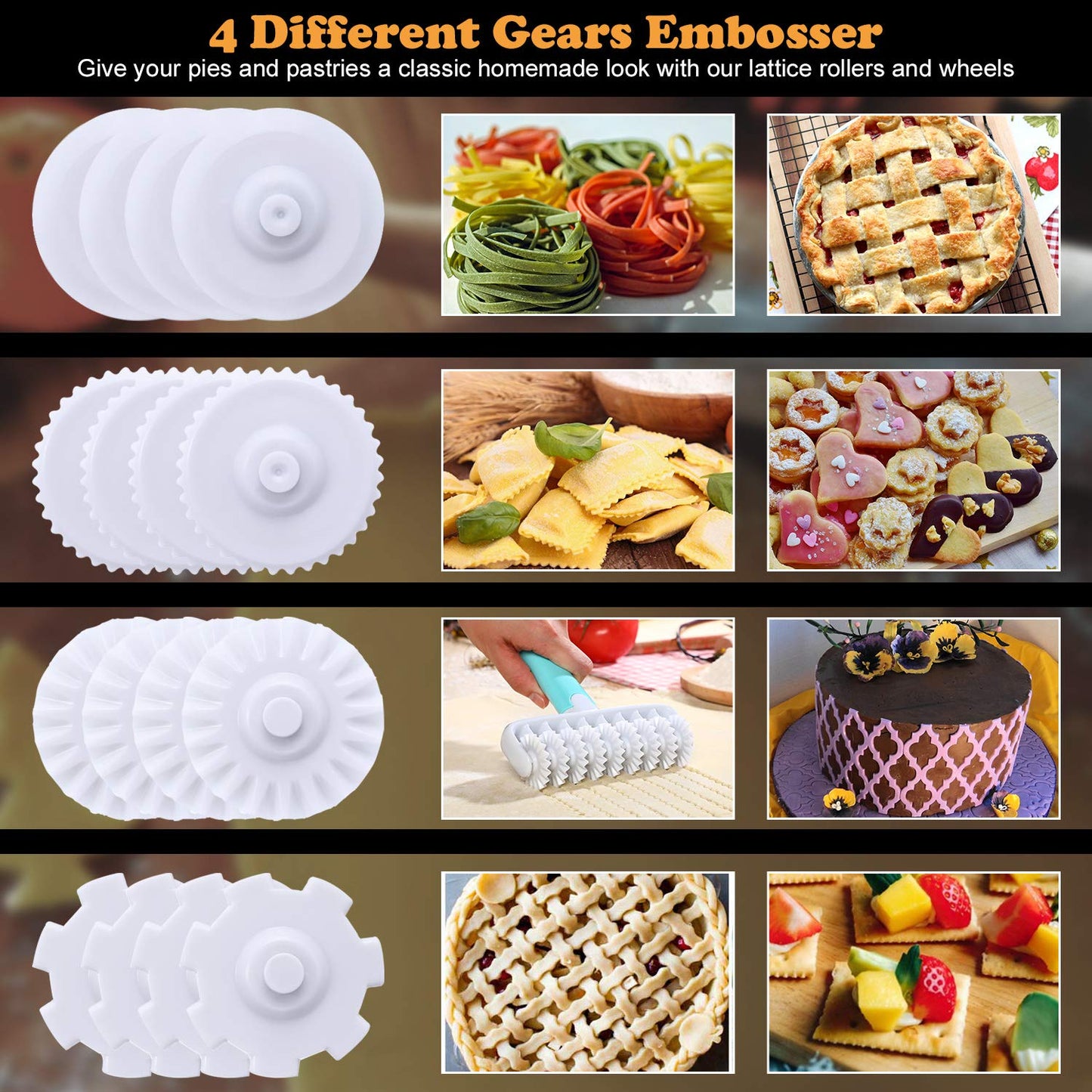 Boao Fondant Ribbon Cutter Wheel Roller Mold Dough Lattice Cutter 4 Different Gears Embosser Set Noodle Dough Roller Pastry Tools for Pie Baking