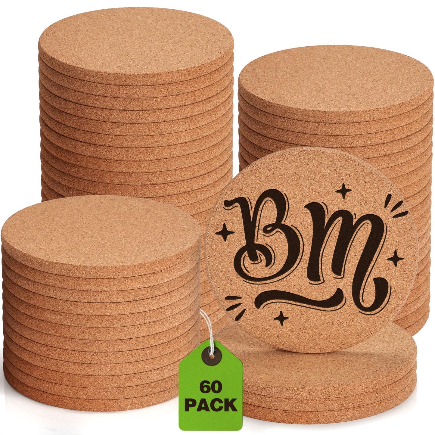 60 PCS Cork Coasters for Laser Engraving, GOH DODD Thicken Absorbent Mats Blank Coasters Bulk Tabletop Protection Plant Saucers for Drinks Wood Burning Arts Crafts DIY Resin Gifts, 4 Inch, Round