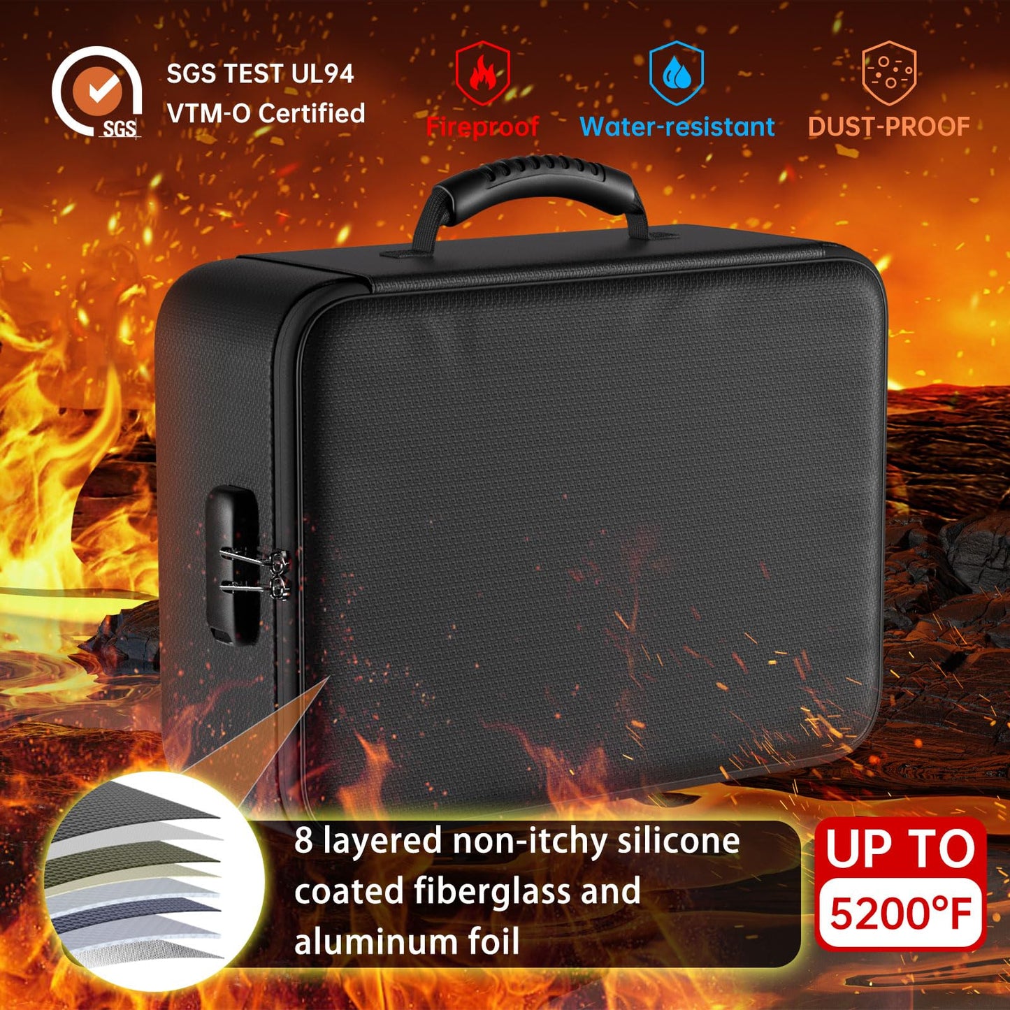 DocSafe 5200°F Document Organizer with Lock, Upgraded Heat Insulated Fireproof＆Water-Resistant Box 8 Layers File Organizer, Portable Home Travel Safe Storage for Important Documents and More