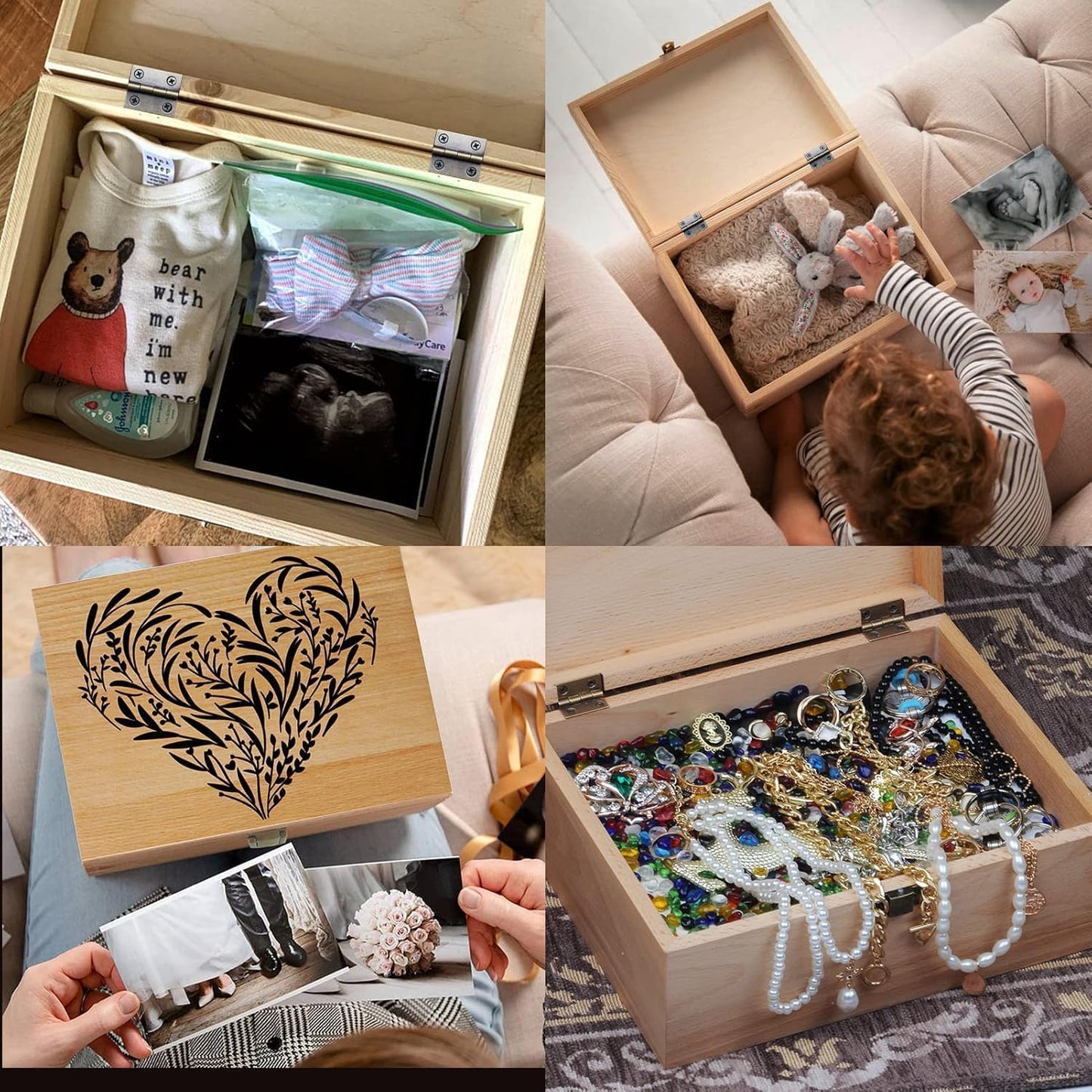 EDUROMI Memory Keepsake Wooden Box, Floral Heart Engraved Keepsake Boxes with Lids, Memory Box for Keepsakes for Anniversary, Wedding, Memory, Birthday, Valentines Day, Wood Box for Office or Home