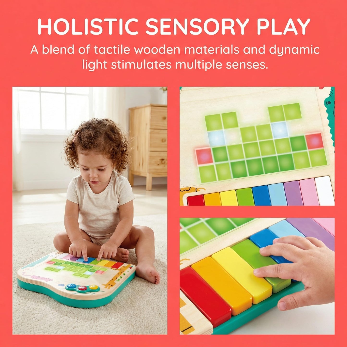 Hape Dynamic Pixel Piano - 3-in-1 Interactive Wooden Piano Toy for Toddlers Age 1-6, Musical Sensory Toy with LED Pixel Art Screen, Guided Melodies & Animal Sounds, Early Learning Educational Gift