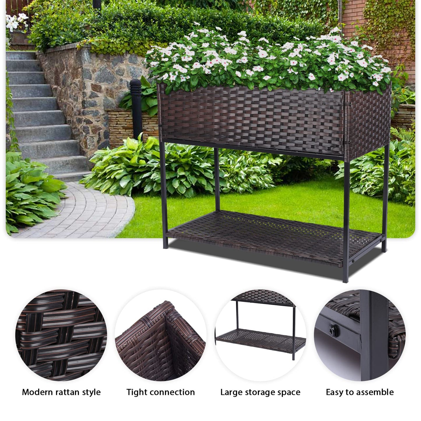 Chonsun Raised Garden Bed - 3x1.5x2.5 ft Rattan Raised Bed Wicker Elevated Raised Garden Bed with Underneath Tool Storage Rack Shelf, Outdoor Raised Flower Planter Box