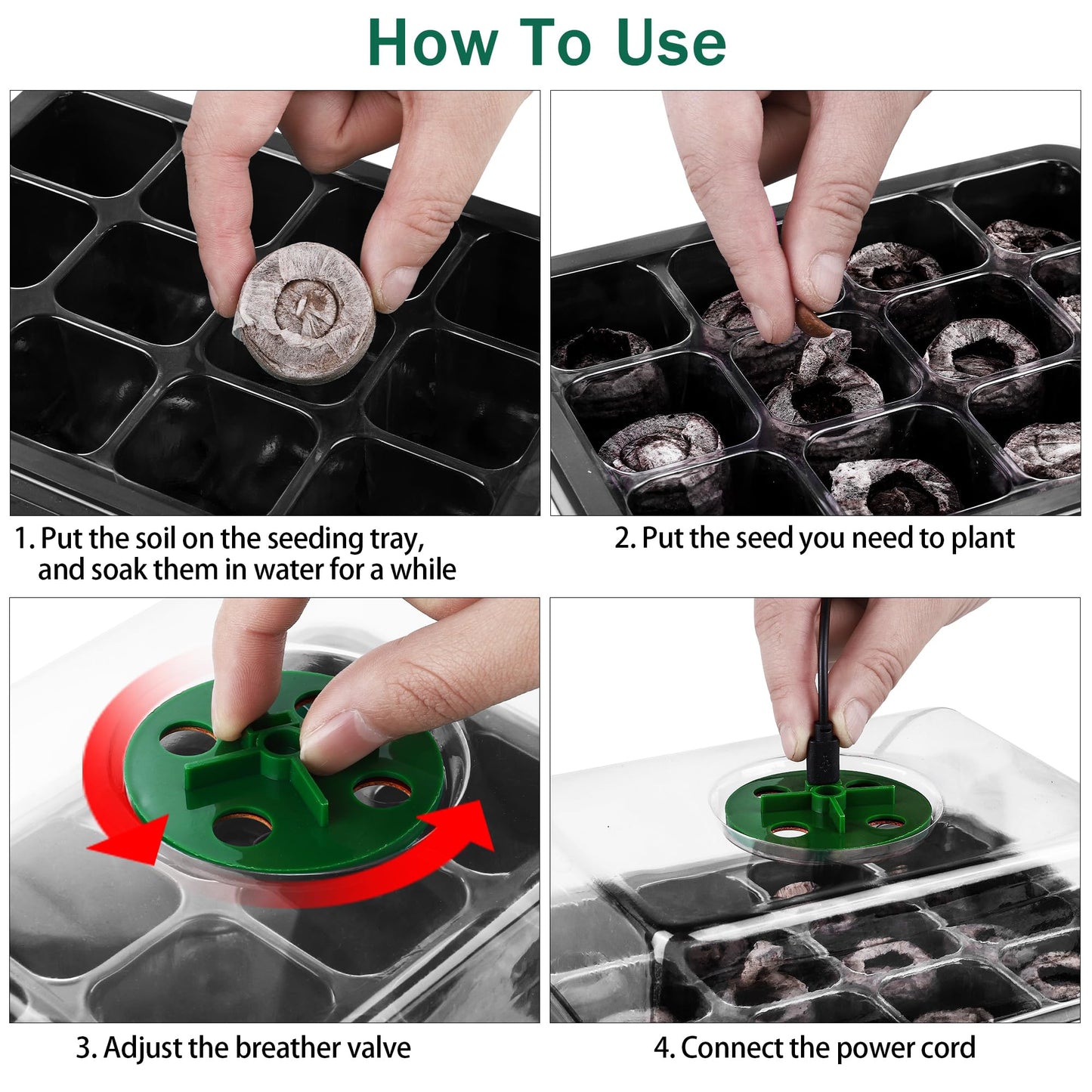 Hahood 6 Pack Seed Starter Tray Kit with Grow Light and Humidity Dome Germination Trays with 72 Peat Pellets, Plant Labels, Gardening Tools, Plant Growing Trays for Seeds Growing Starting, Black