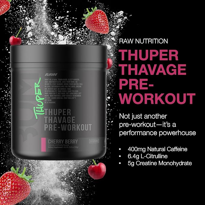 RAW Thuper Thavage Pre Workout Powder - High-Stim Preworkout with Creatine, Beta Alanine, L-Citrulline & Caffeine - Chris Bumstead Gym & Fitness Supplement for Men & Women - Cherry Berry