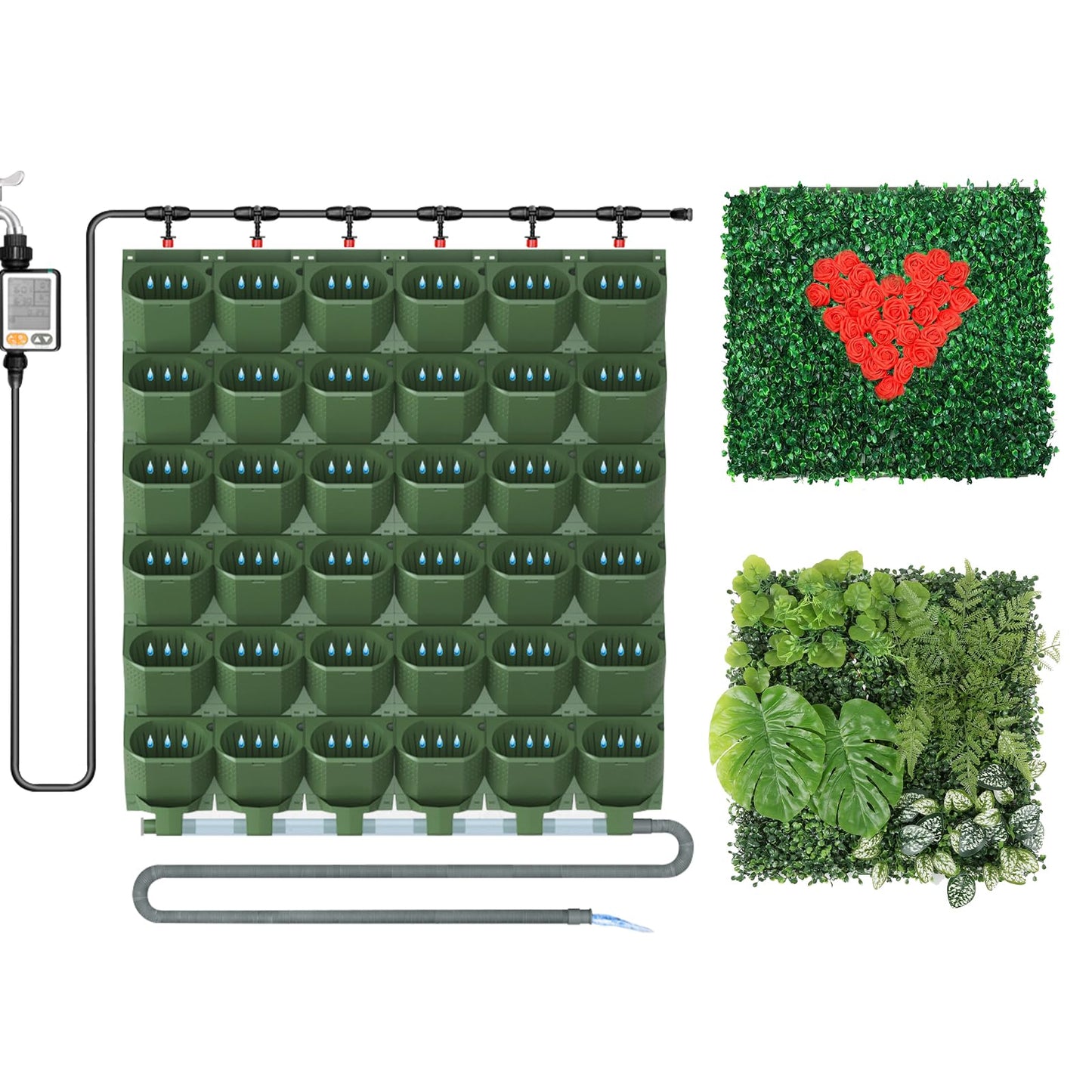 ZIAERKOR Self Watering Wall Mounted Vertical Planter, 36 Pots Wall Planter Indoor Vertical Living Green Plant Wall Easy Installation (Green with Timing System)