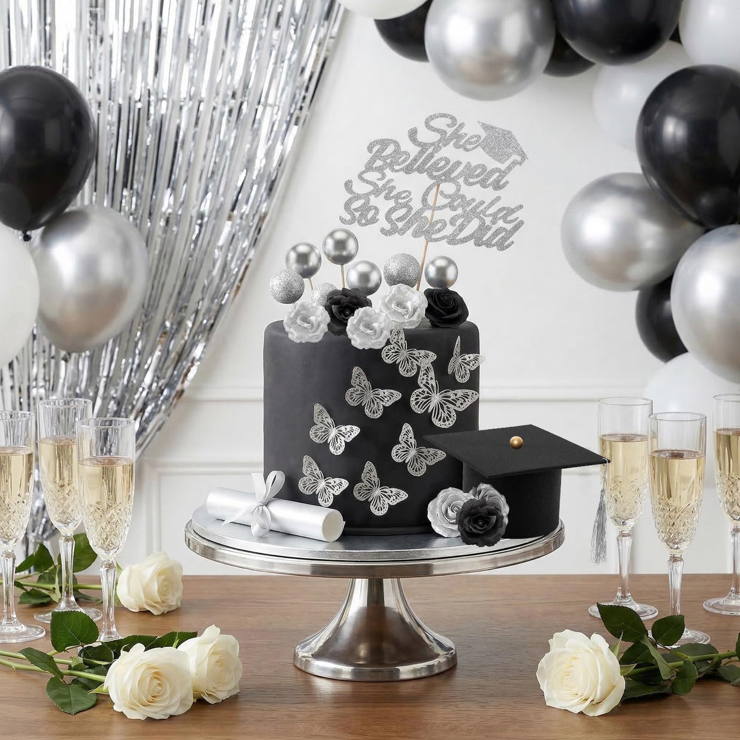 35 Pcs Graduation Cake Toppers Class of 2026 Graduations Cap Diploma She Believed She Could Beads Flowers Butterfly Cake Decorations for 2026 Graduation Party Supplies