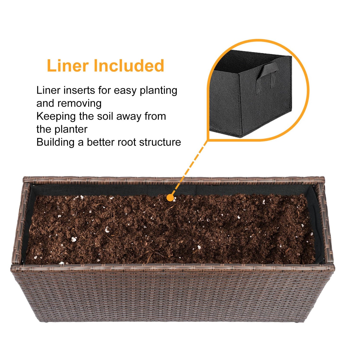 SUNNYPARK Brown Rectangular Planter Box All-Weather PE Rattan Large Modern Planters with Removable Liner Indoor Outdoor Decorative Flower Pot for Patio, Balcony, Garden