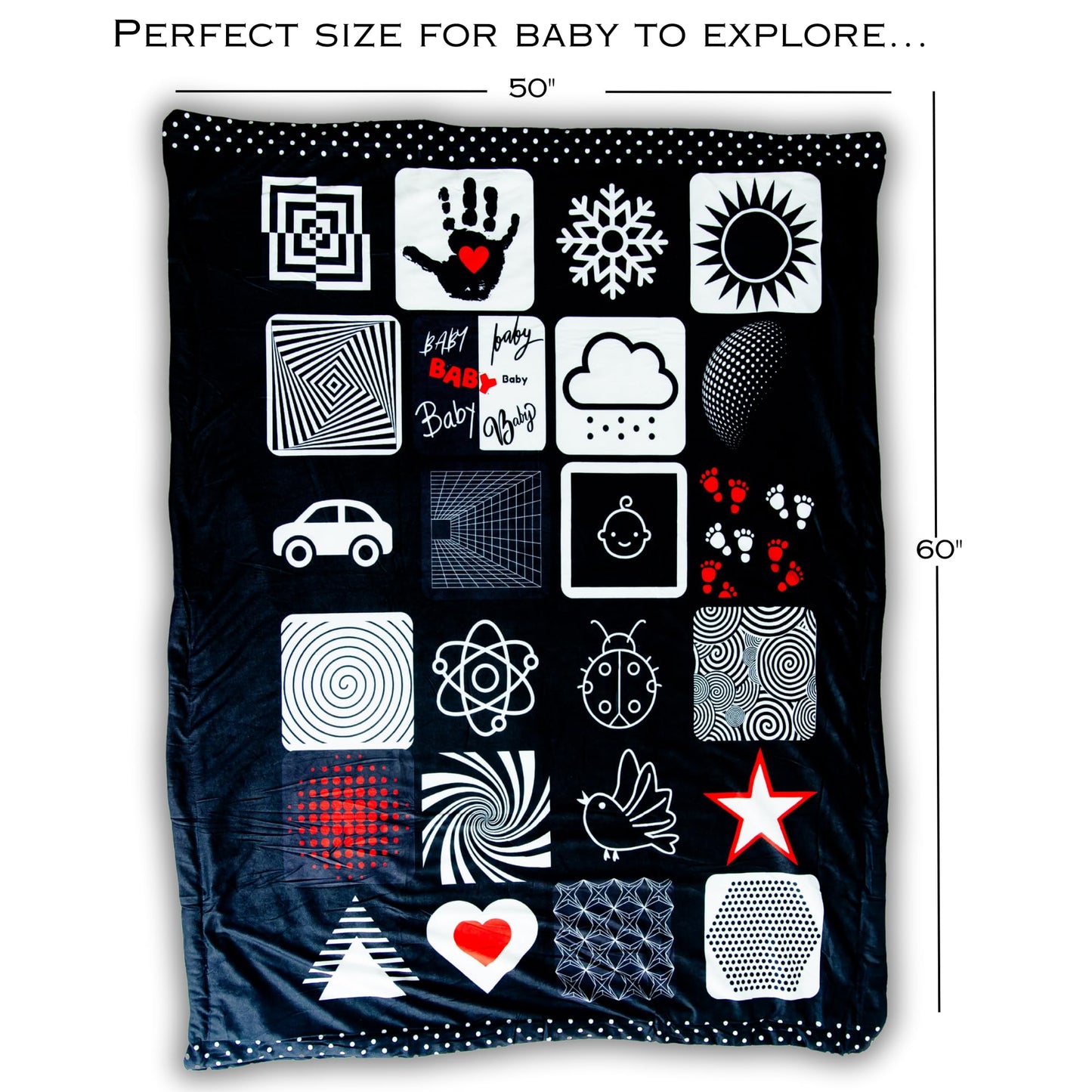 Baby Tummy Time Mat – High Contrast Black White Red Sensory Play Blanket for Newborn Visual Development, Infant Floor Play Area with Sherpa Backing, 50” x 60”